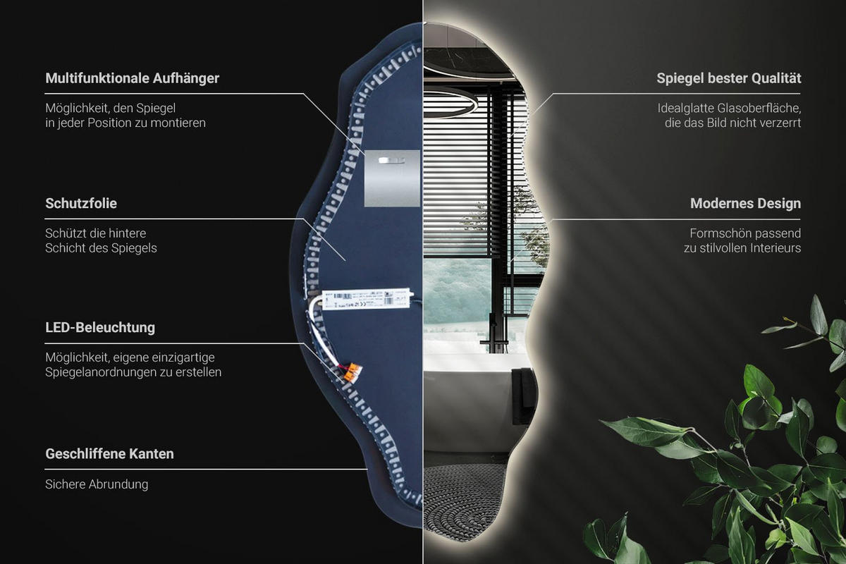 LED-SPIEGEL 40x80 cm Asymmetrisch Neutralweiß 4000K - Hellblau, Glas (40/80/0.4cm) - Wallfluent