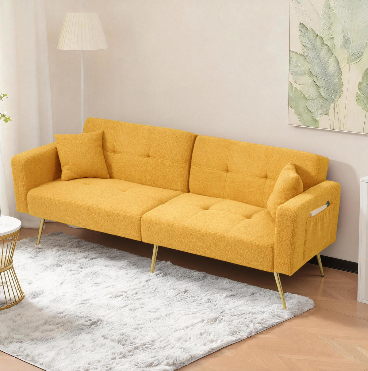 SCHLAFSOFA aus Sherpa 175x64x72 cm in Gelb mit Schlaffunktion & Seitentaschen - Gelb, Textil (175/72/64cm) - Modfu