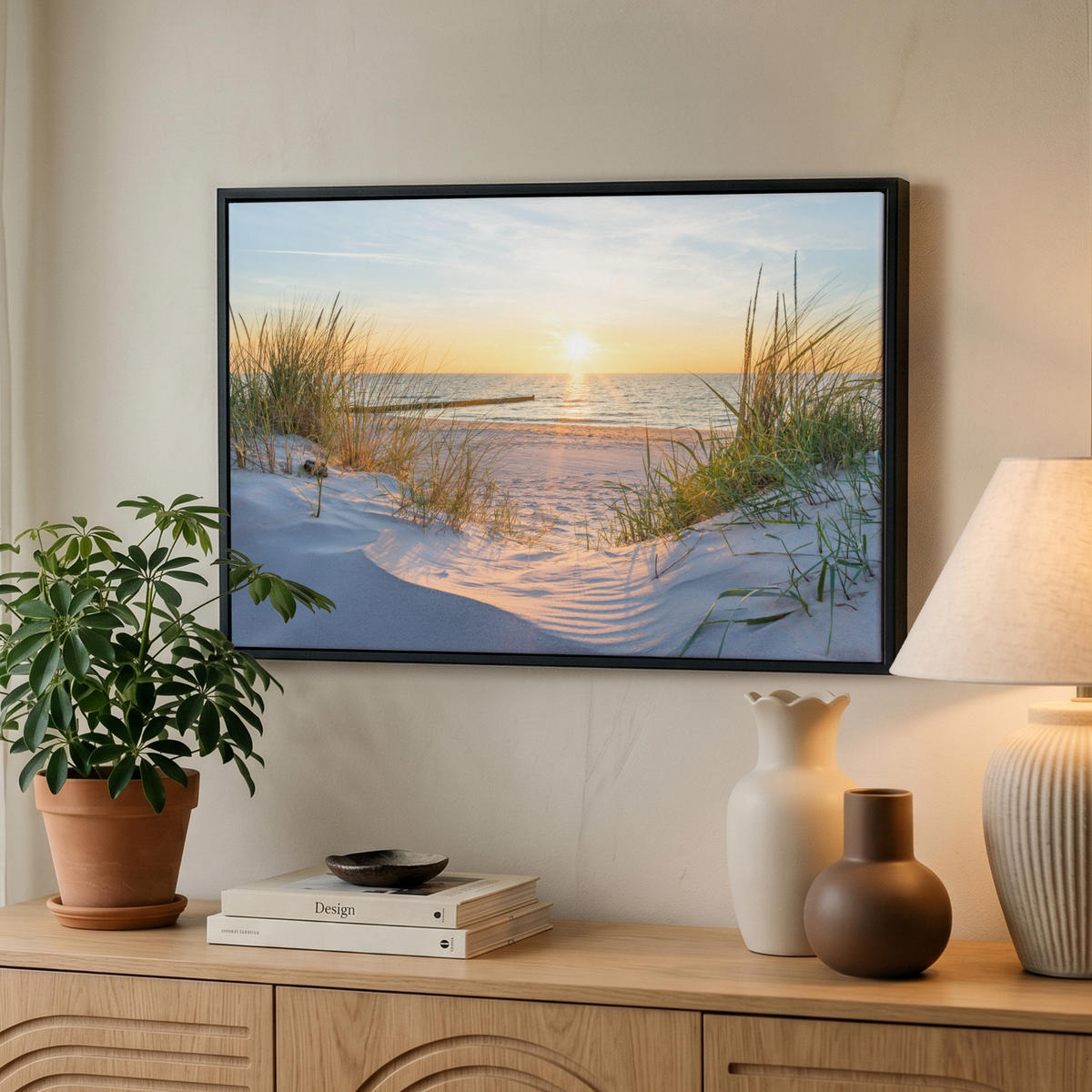LEINWAND Bilder mit Rahmen - Strand - Sonne - Düne - Gras - Sand - Horizont - 60x40 - Hellblau, Textil (60/40cm) - MuchoWow