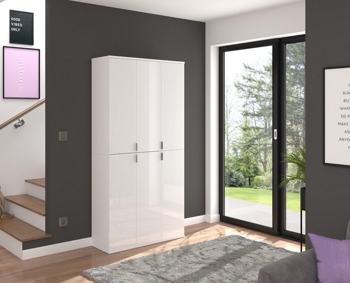 SCHUHSCHRANK weiß Hochglanz 91 cm, Garderobenschrank 6 Türen, 15 Fächer - Weiß Hochglanz/Silberfarben, Holzwerkstoff/Kunststoff (91/193/34cm) - Inn.Furn