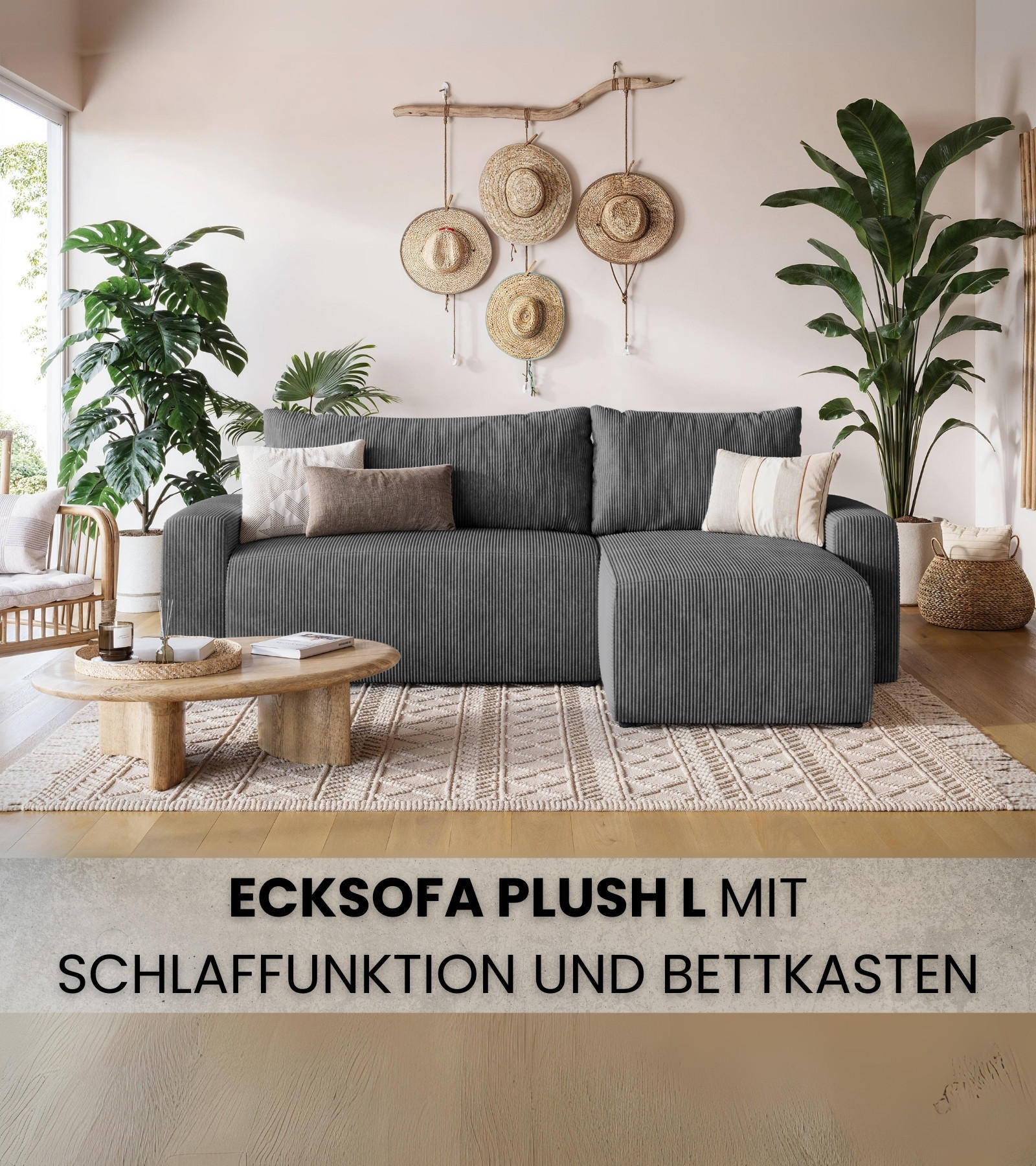 ECKSOFA PLUSH mit Schlaffunktion Dunkelgrau Cord - Dunkelgrau, Textil (240/145cm) - Bromarkt