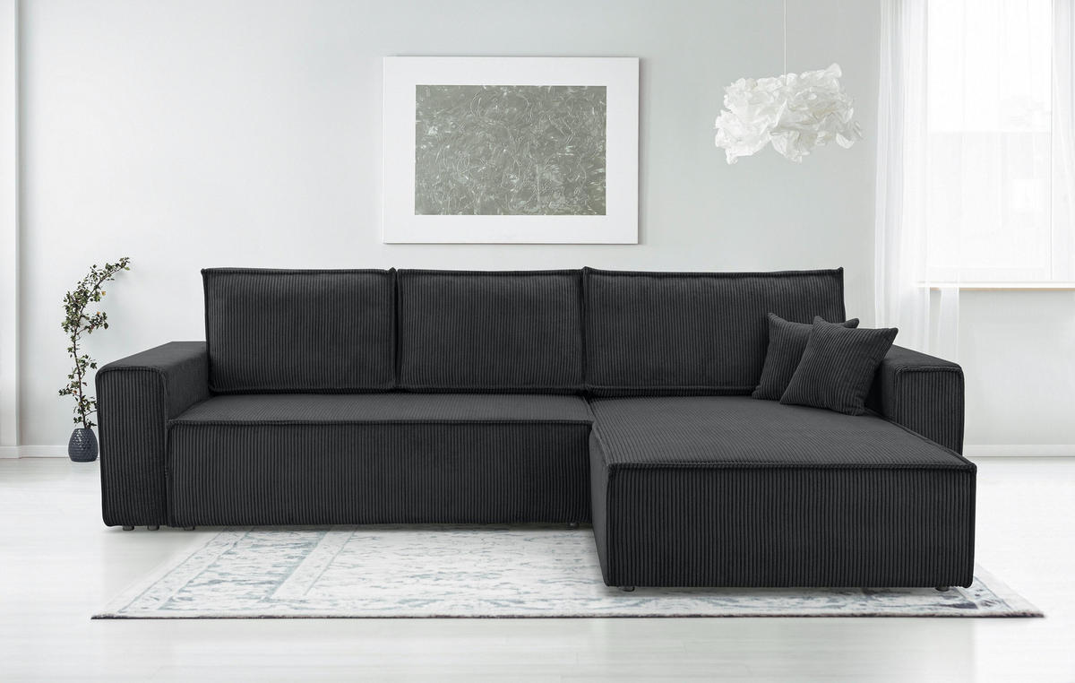 ECKSOFA L Form Cedria Dunkelgrau 287/145/85 cm mit Schlaffunktion - Dunkelgrau/Schwarz, Kunststoff/Textil (287/145cm) - AX Living