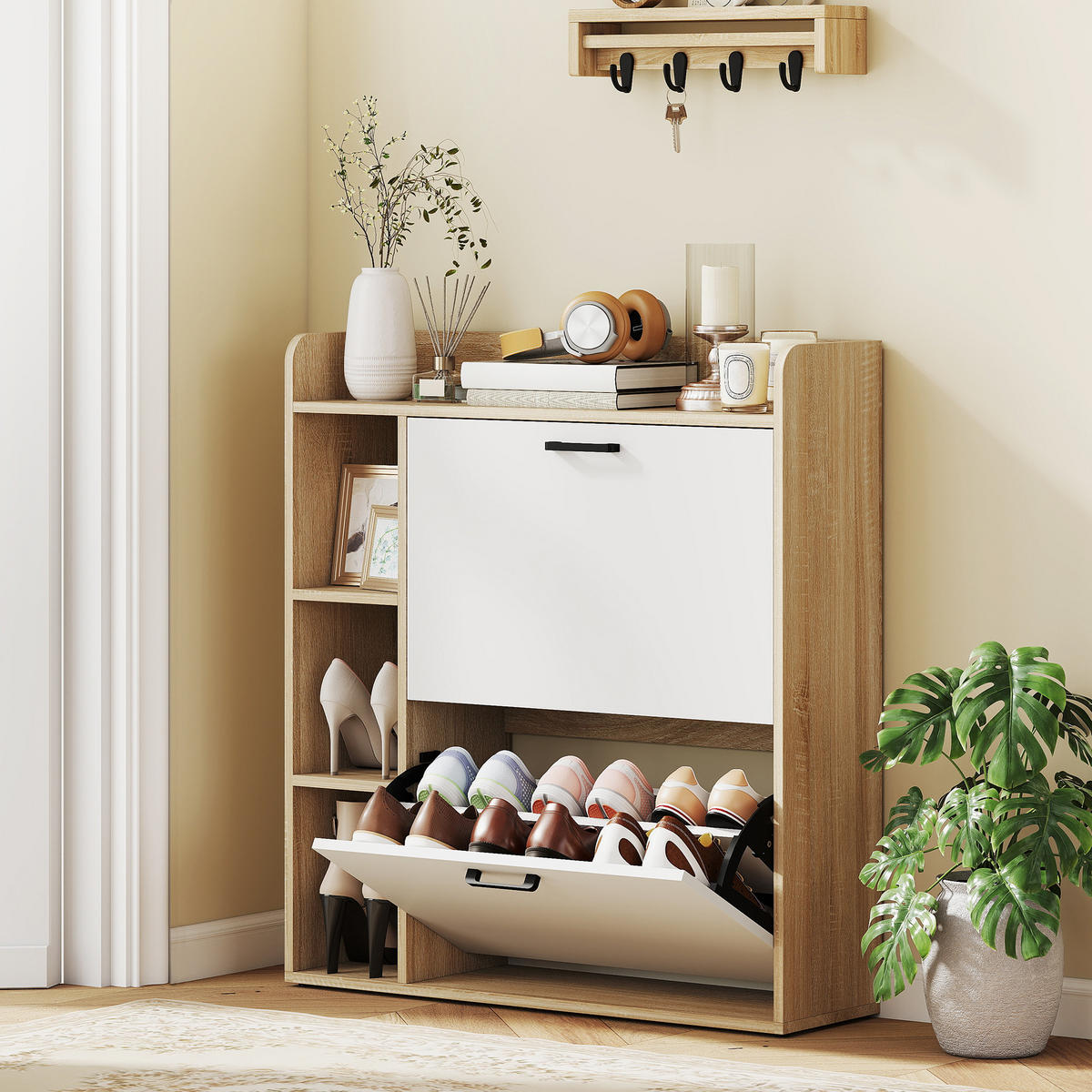 SCHUHKIPPER DE-15068 2 Klapp-Schubladen, 3 Seitenfächer, für 15 Paar Schuhe Naturholz - Naturfarben, Holzwerkstoff (83/90.5/24cm) - ComfortXL