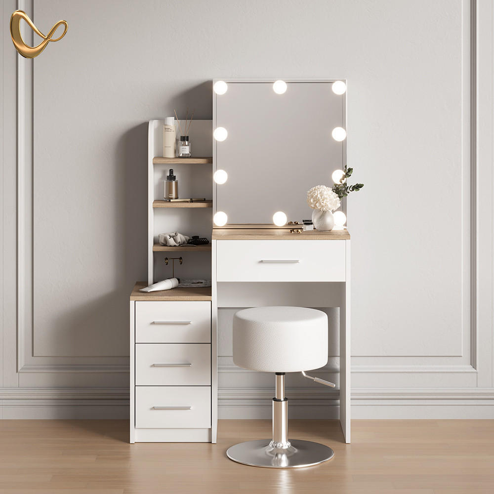SCHMINKTISCH Loreta Weiß/Sonoma mit LED Beleuchtung und Hocker - Weiß/Sonoma Eiche, Holzwerkstoff (80/131.6/36cm) - Livinity®