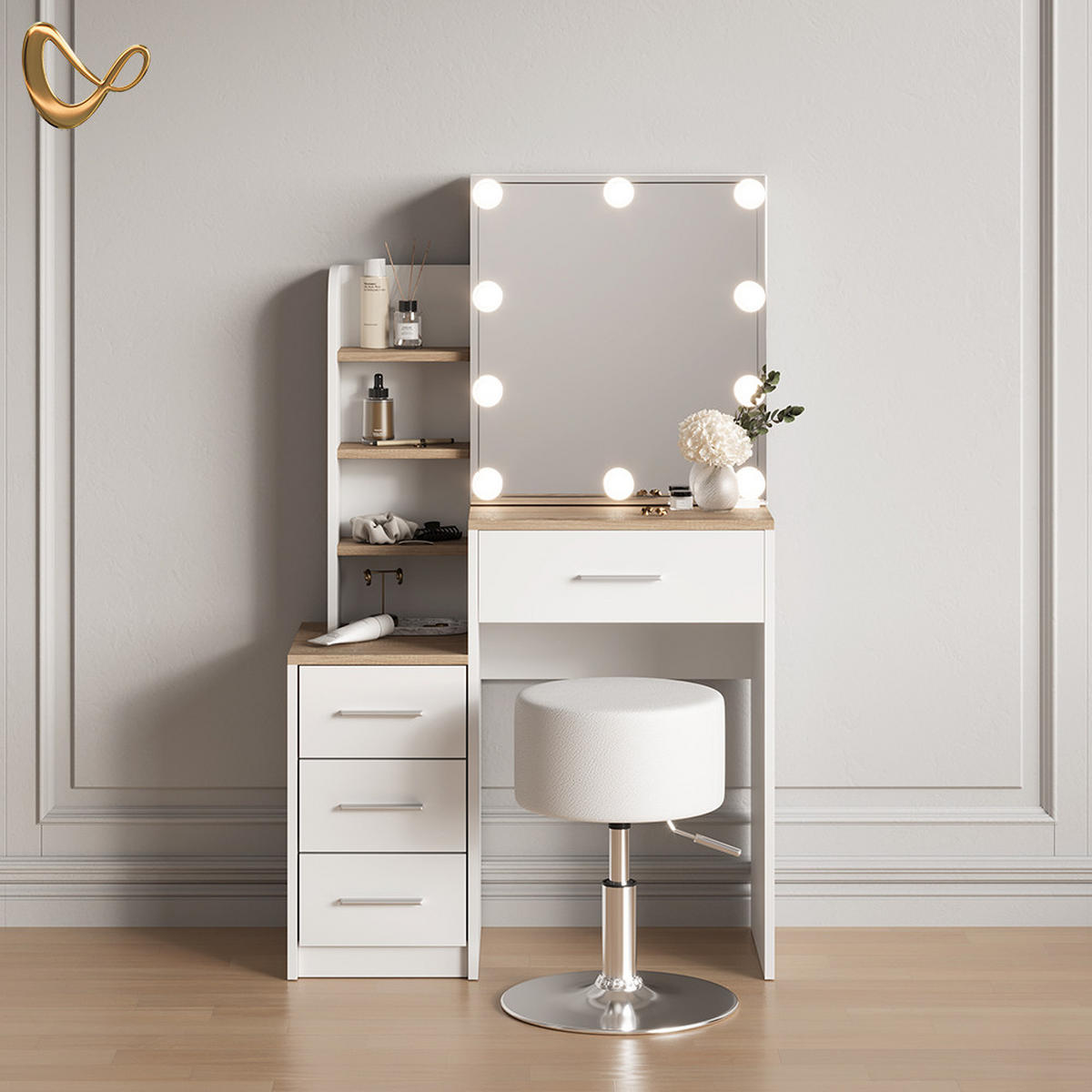 SCHMINKTISCH Loreta Weiß/Sonoma mit LED Beleuchtung und Hocker - Weiß/Sonoma Eiche, Holzwerkstoff (80/131.6/36cm) - Livinity®