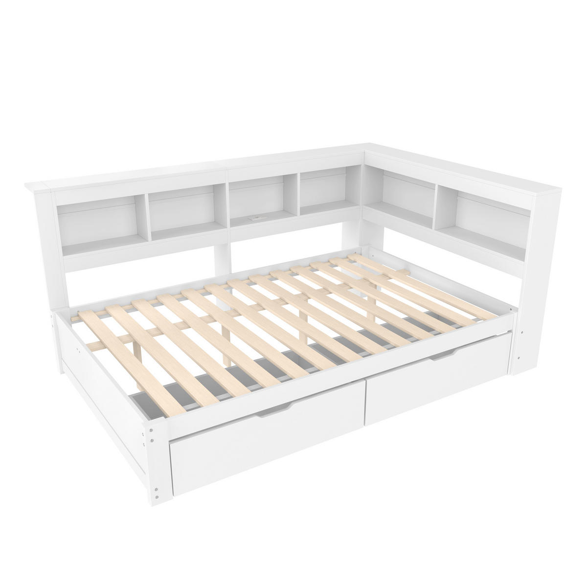 POLSTERBETT aus MDF und Kiefernholz 140x200 cm in Weiß mit 2 Schubladen & USB - Weiß, Holz (140/200cm) - Modfu