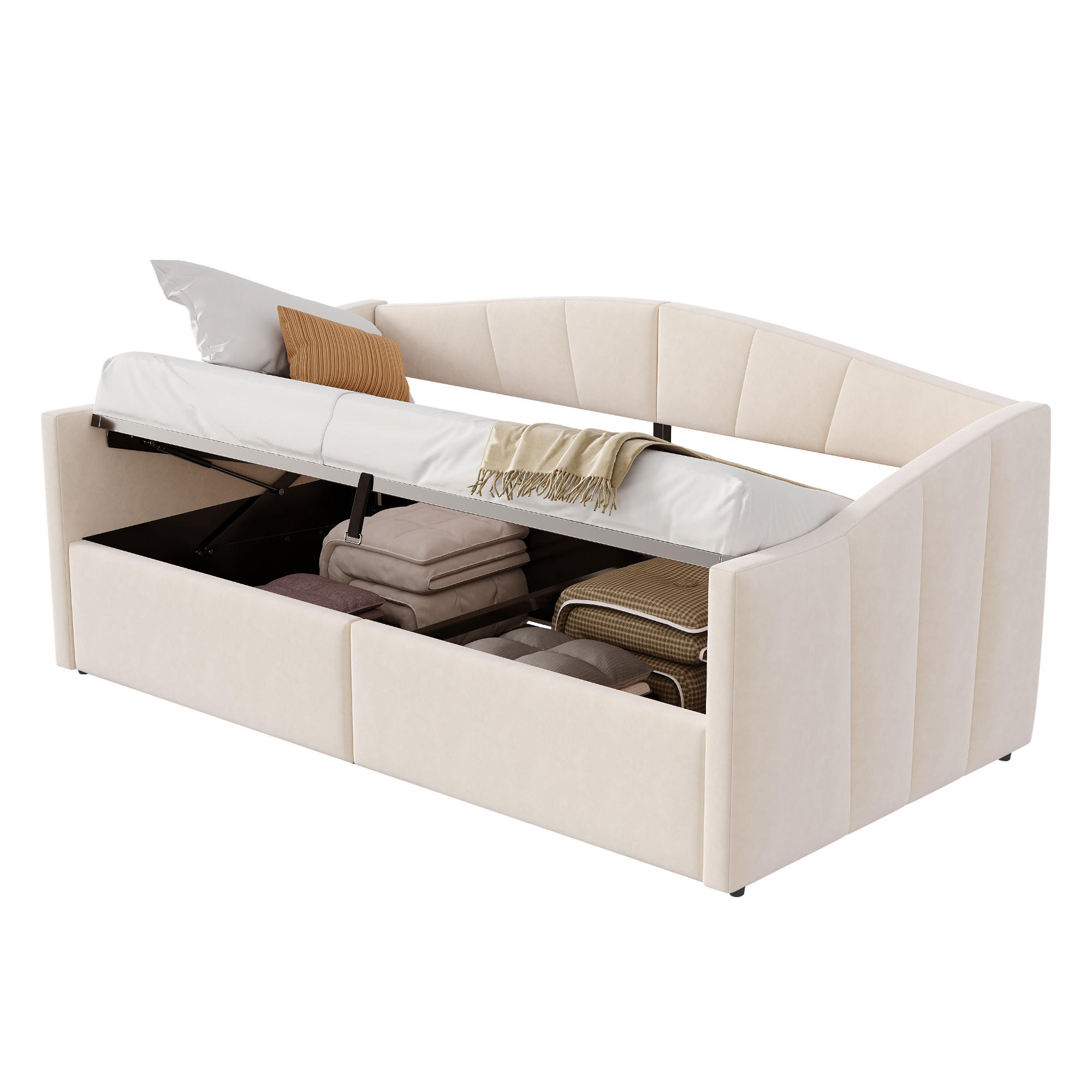 POLSTERBETT 90x200 cm Beige Schlafsofa Hydraulik Samt Lattenrost - Beige, Holzwerkstoff - FLIEKS