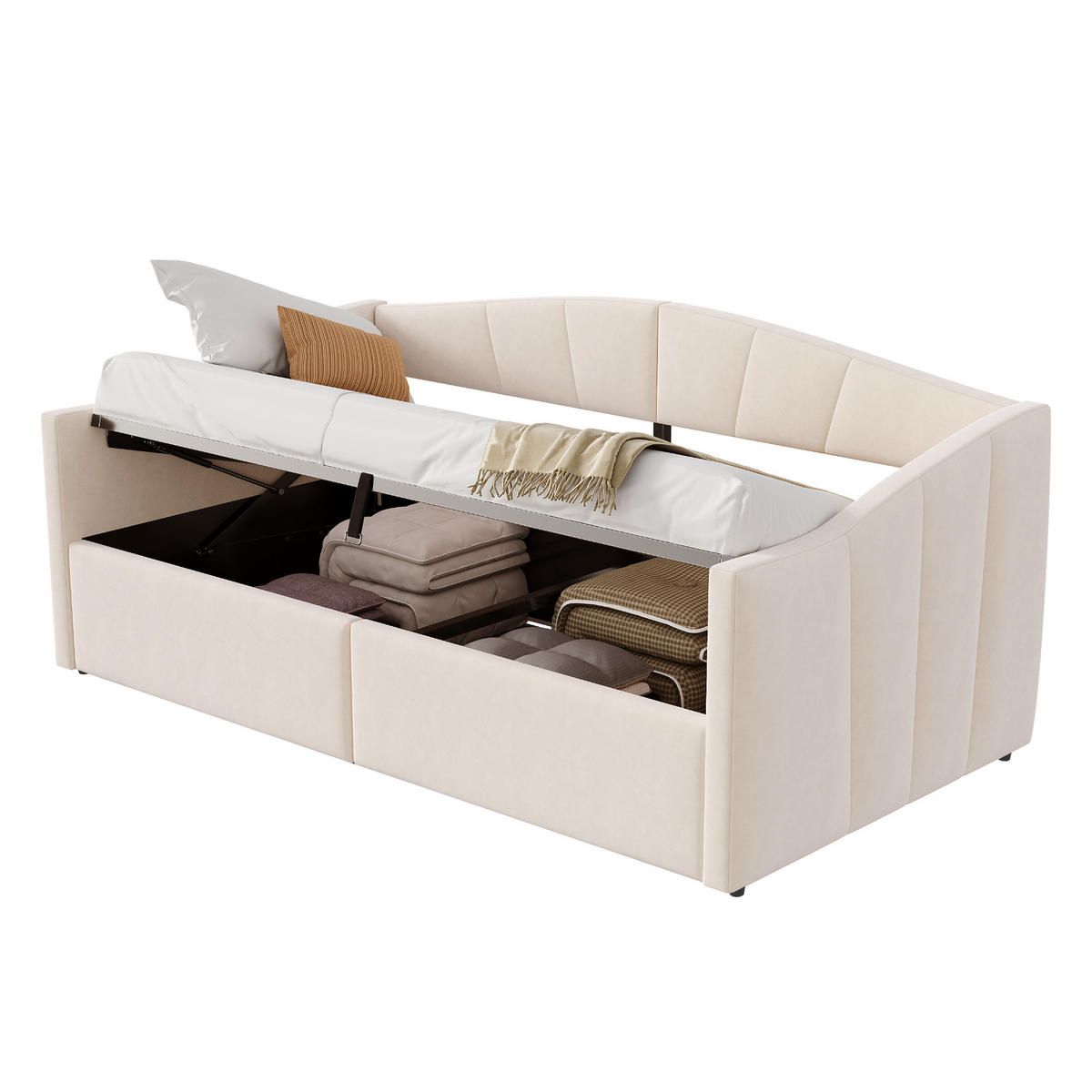 POLSTERBETT Sofabett 90/200 cm Beige mit hydraulischer Lagerung und Lattenrost aus Samt - Beige, Textil (90/200cm) - OKWISH