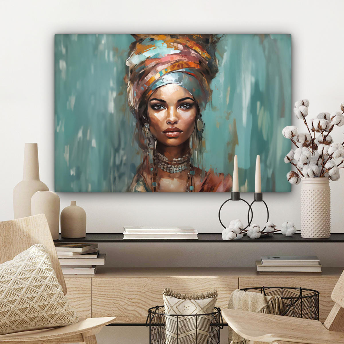 LEINWANDBILD Frau - Kunst - Schmuck - Porträt Wanddeko 90x60 cm - Blaugrau, Textil (90/60cm) - MuchoWow