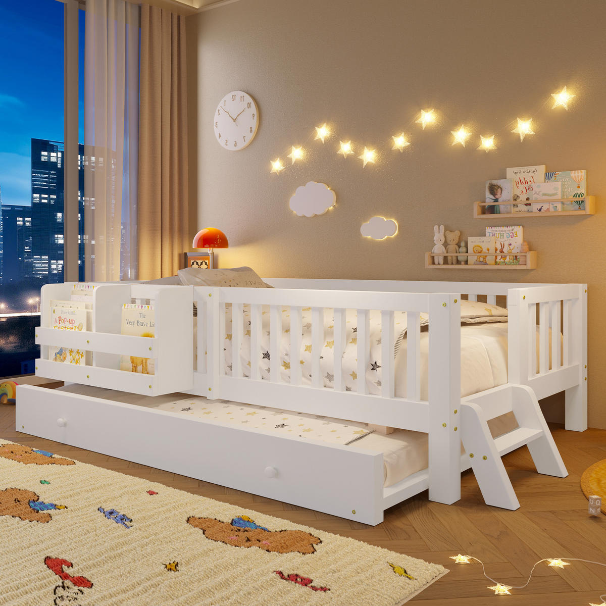 KINDERBETT 90/200 cm in Weiß mit Ausziehbett und Rausfallschutz im skandinavischen Design - Weiß, Holzwerkstoff (90/200cm) - STILVORA