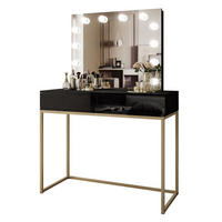 SCHMINKTISCH BLANCO GOLD ELITE mit Spiegel und Beleuchtung Schwarz Hochglanz PUSH OPEN - Schwarz Hochglanz/Goldfarben, Holzwerkstoff (100/146/42cm) - Lookway