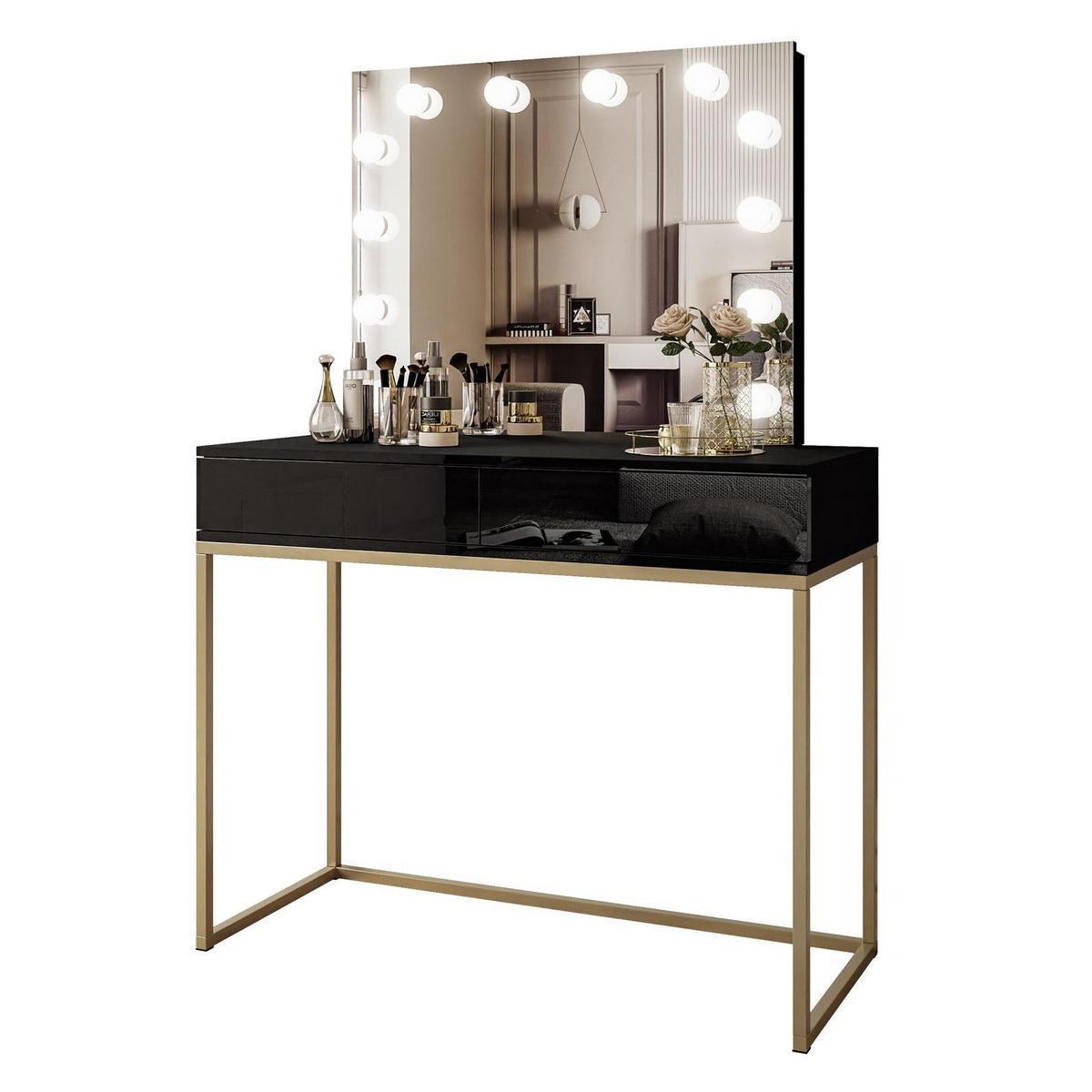 SCHMINKTISCH BLANCO GOLD ELITE mit Spiegel und Beleuchtung Schwarz Hochglanz PUSH OPEN - Schwarz Hochglanz/Goldfarben, Holzwerkstoff (100/146/42cm) - Lookway