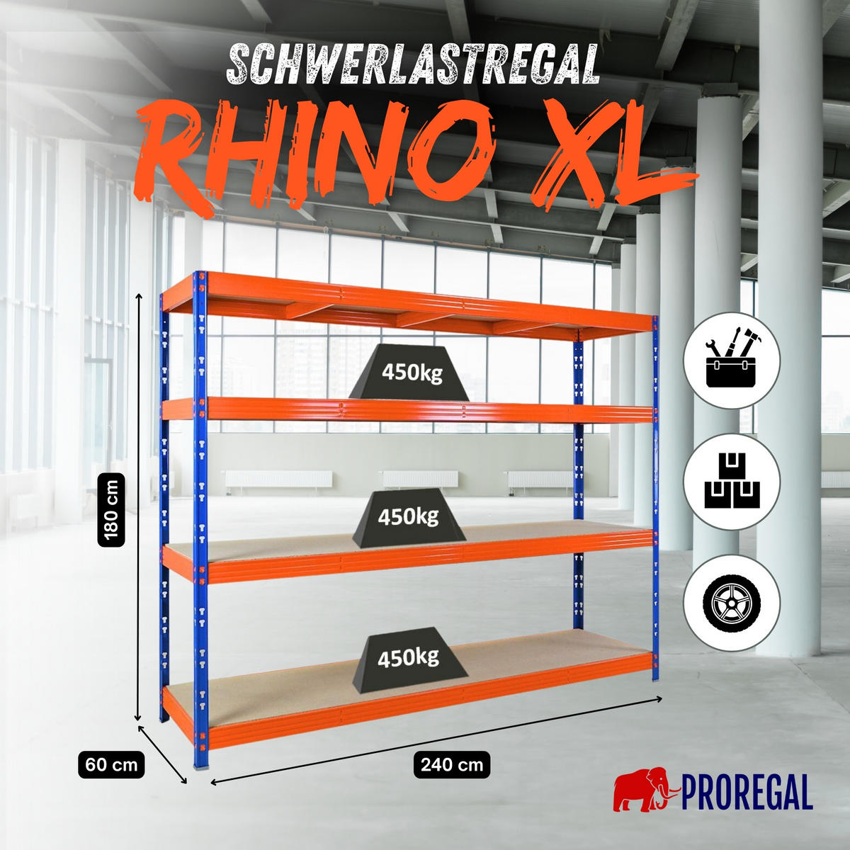 SCHWERLASTREGAL Rhino 180x240x60cm, 4 Spanplatten-Ebenen 8mm, Fachlast 450kg, Blau/Orange - Orange, Metall (240/180/60cm) - PROREGAL