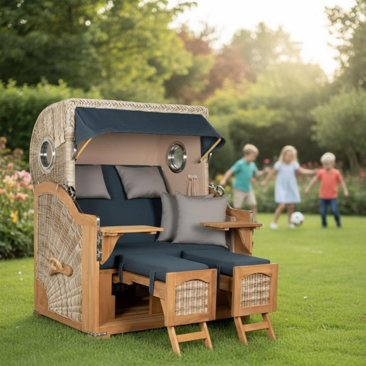 STRANDKORB XXL Düne Grande Teak PE Shell - Blau/Braun, Metall (142/170/95cm) - Mr. Deko