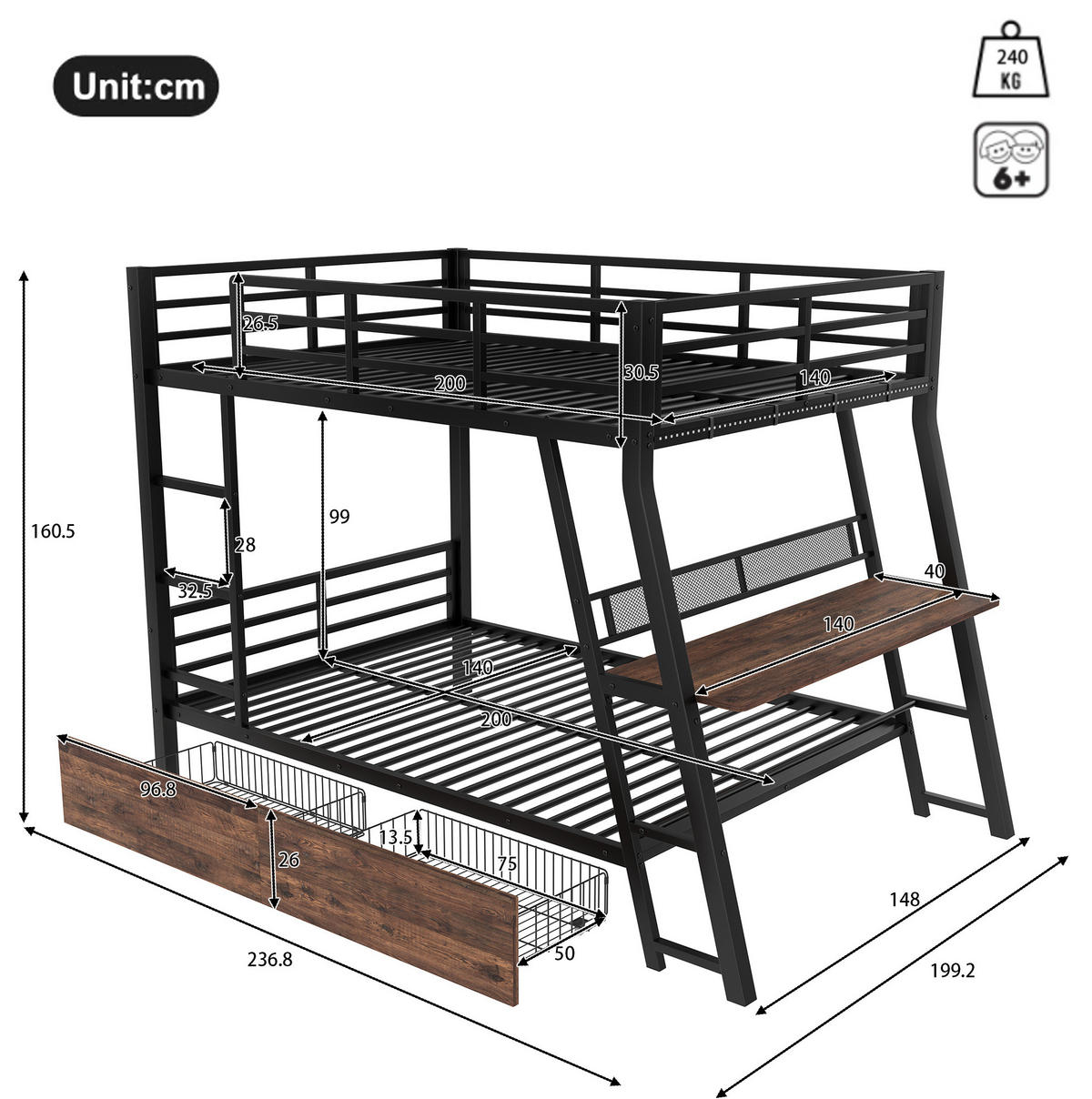 HOCHBETT 140/200 cm mit Schreibtisch, LED-Beleuchtung, 2 Schubladen und Treppe, Metallrahmen, Schwarz - Schwarz, Metall (140/200cm) - Redom