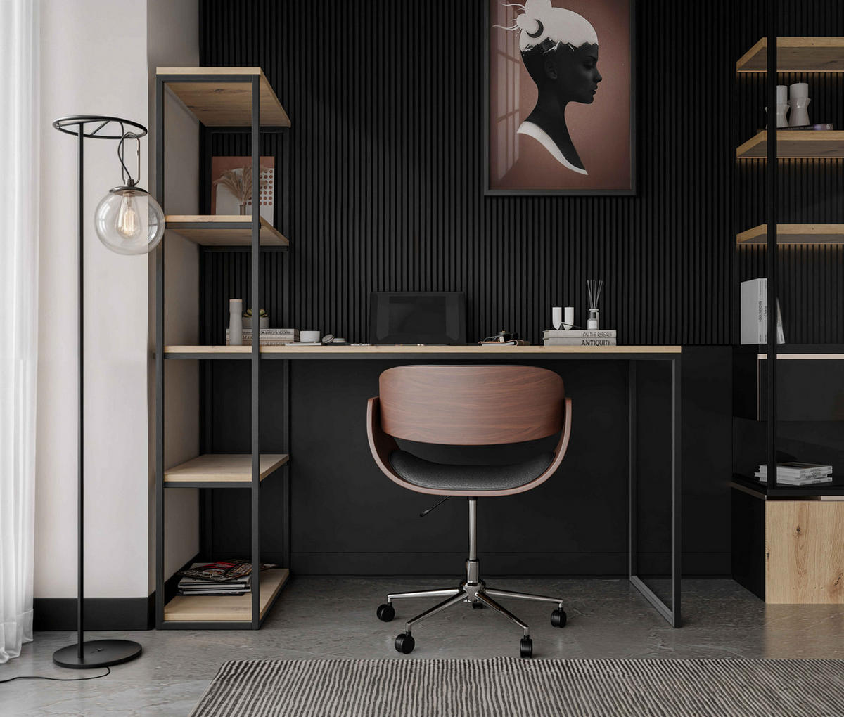 SCHREIBTISCH mit Seitenregal Eiche Artisan - Schwarz/Eiche Artisan, Holzwerkstoff (152/60/160cm) - Idohome