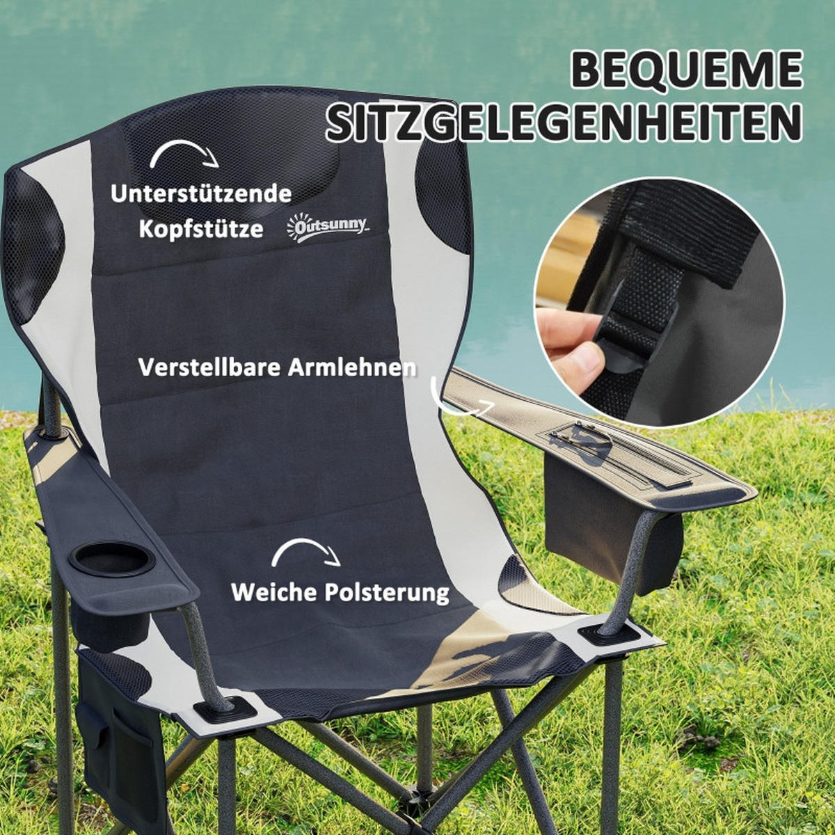 CAMPINGSTUHL 2er Set gepolstert Armlehnen Kühltasche - Schwarz, Metall (94/100/62cm) - LEBENLANG