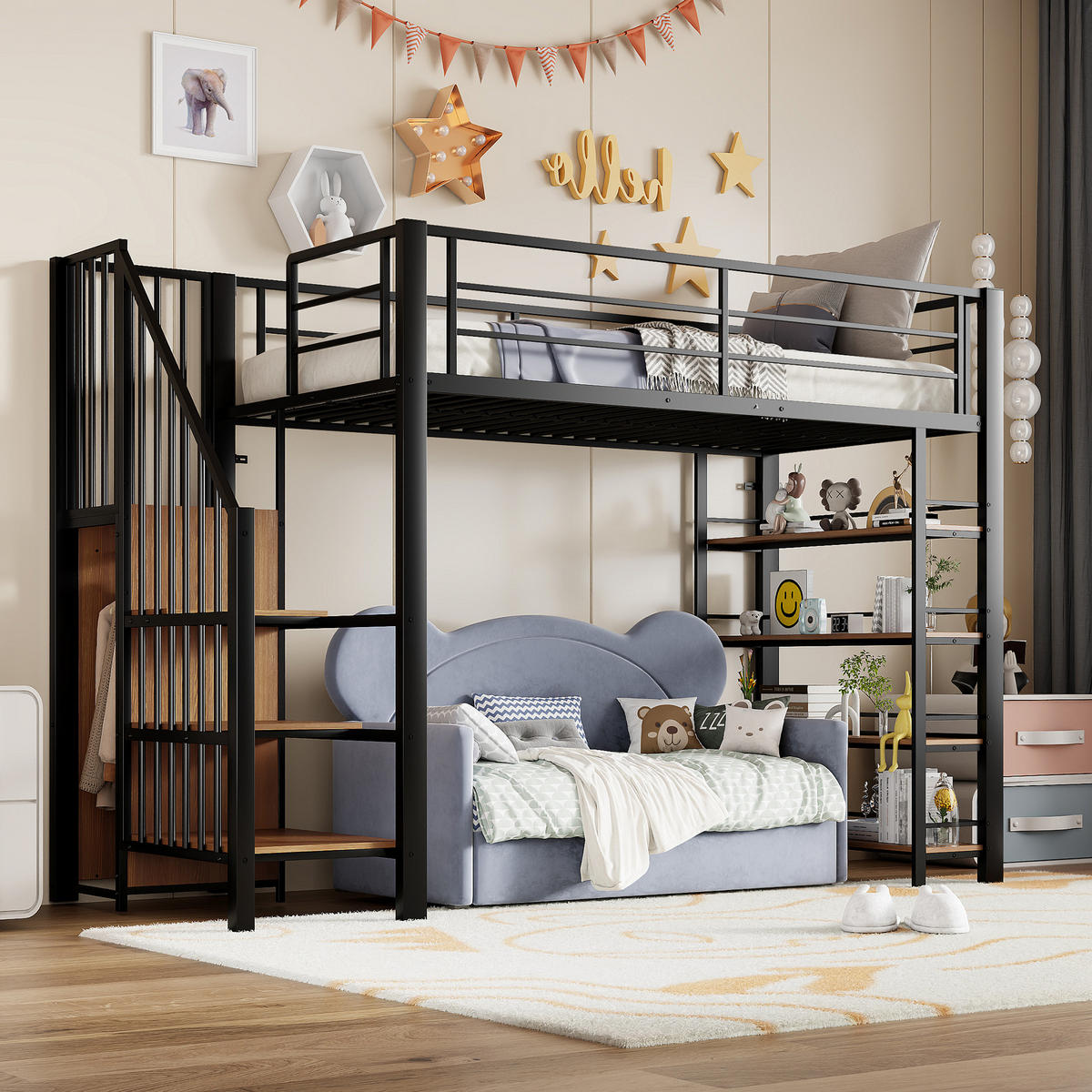 HOCHBETT 90/200 cm in Schwarz – mit Stauraum, Kleiderschrank und hohem Rausfallschutz - Schwarz, Metall (90/200cm) - BEAOK