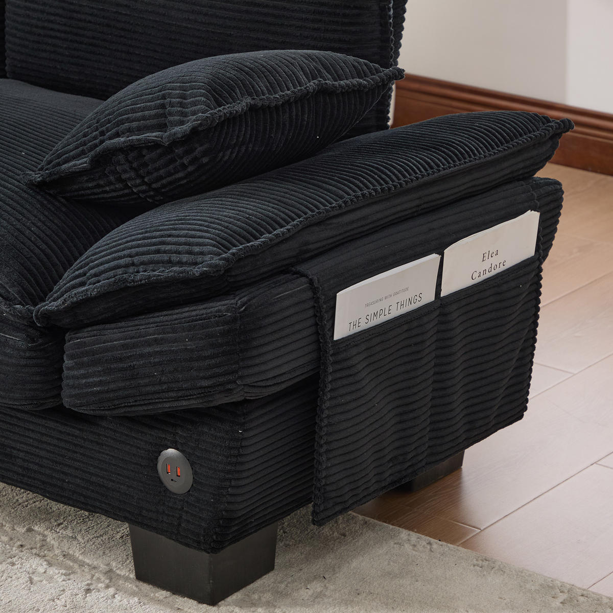 2-SITZER Sofa aus Corduroy 190x132x84 cm mit Hocker & USB-C, schwarz - Schwarz, Textil (132/84/190cm)