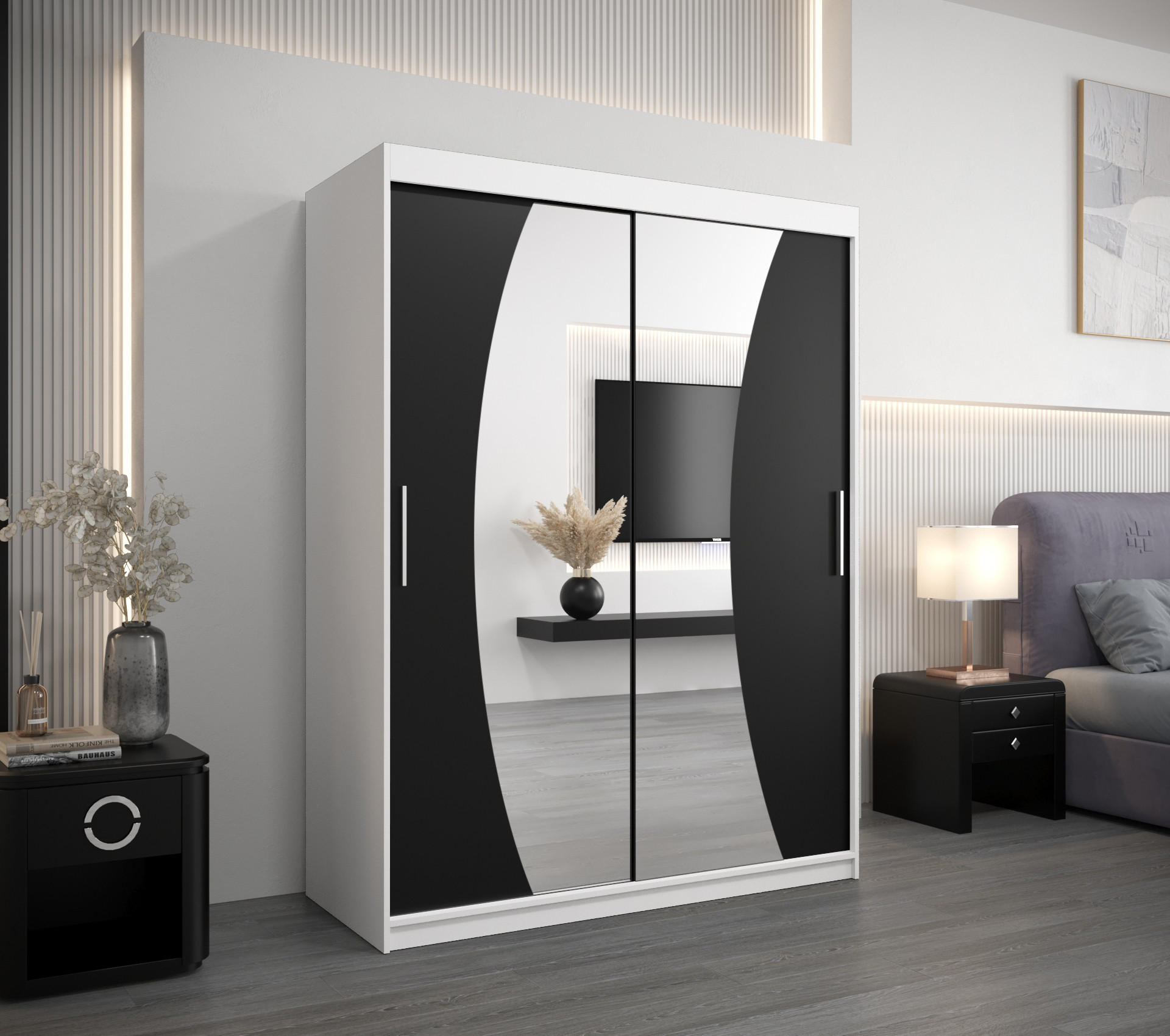 SCHWEBETÜRENSCHRANK 200/150/62 2-türig - Silberfarben/Schwarz, Holz/Kunststoff (150/200/62cm) - Abiks Möbel