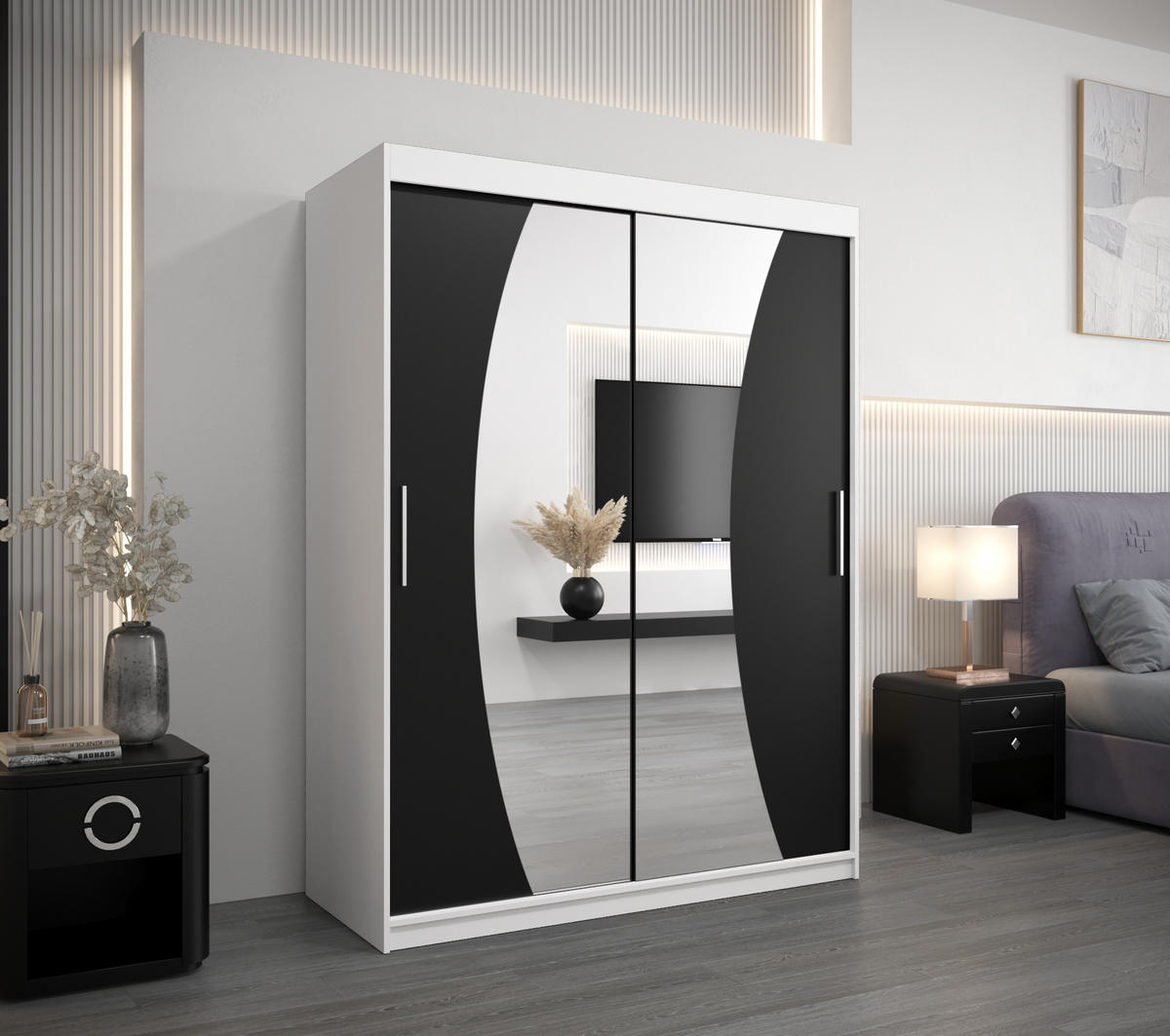 SCHWEBETÜRENSCHRANK 200/150/62 2-türig - Silberfarben/Schwarz, Holz/Kunststoff (150/200/62cm) - Abiks Möbel