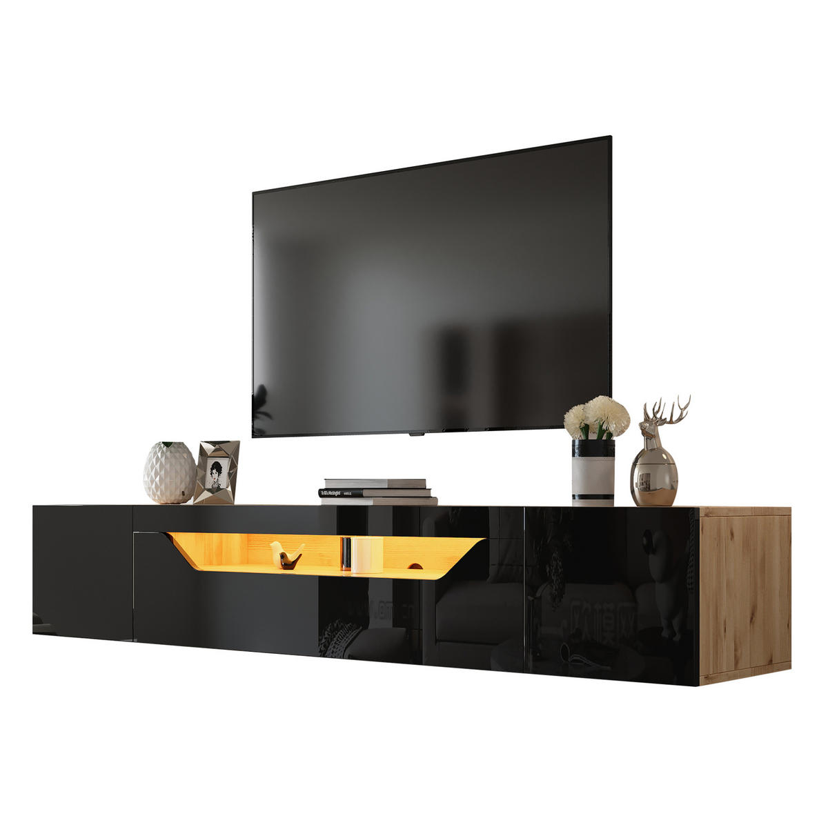 ZÁVĚSNÝ TV stolek 180/37/36 cm s LED osvětlením, vysokým leskem a víceúrovňovým úložištěm, Černá + přírodní dřevo - černá, kompozitní dřevo (180/36/37cm) - Redom