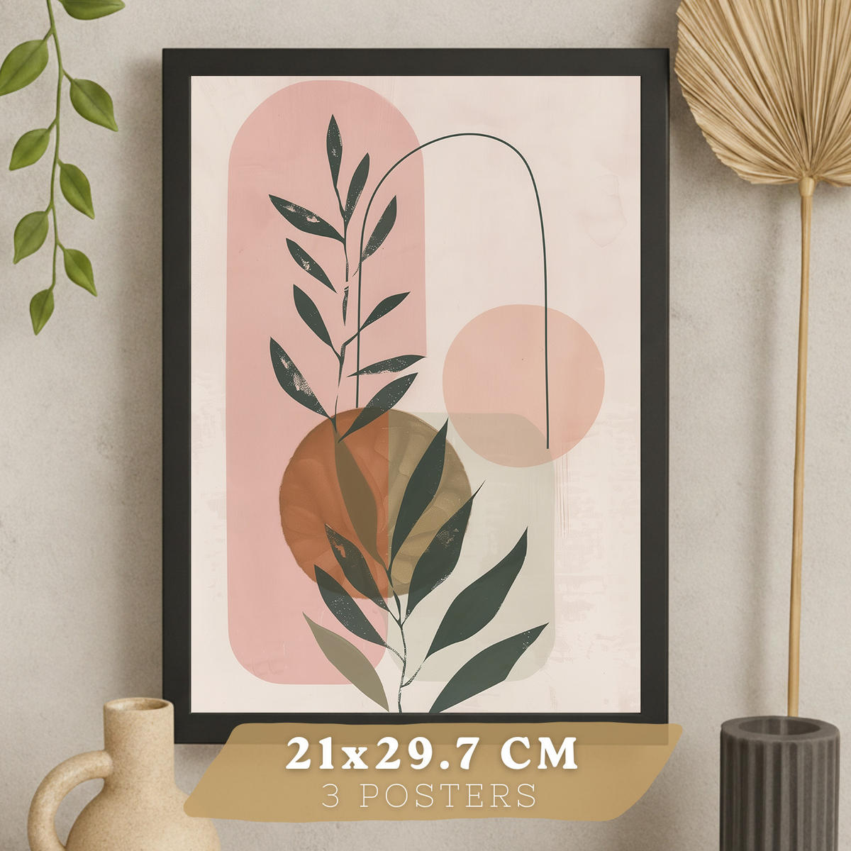 PLAKAT Sada 3 dekorativních nástěnných tisků, pastelově zelené a růžové rostliny, pro moderní dekoraci obývacího, velikost Černý rám A4 - černá, papír (21/29.7/3cm) - Nacnic