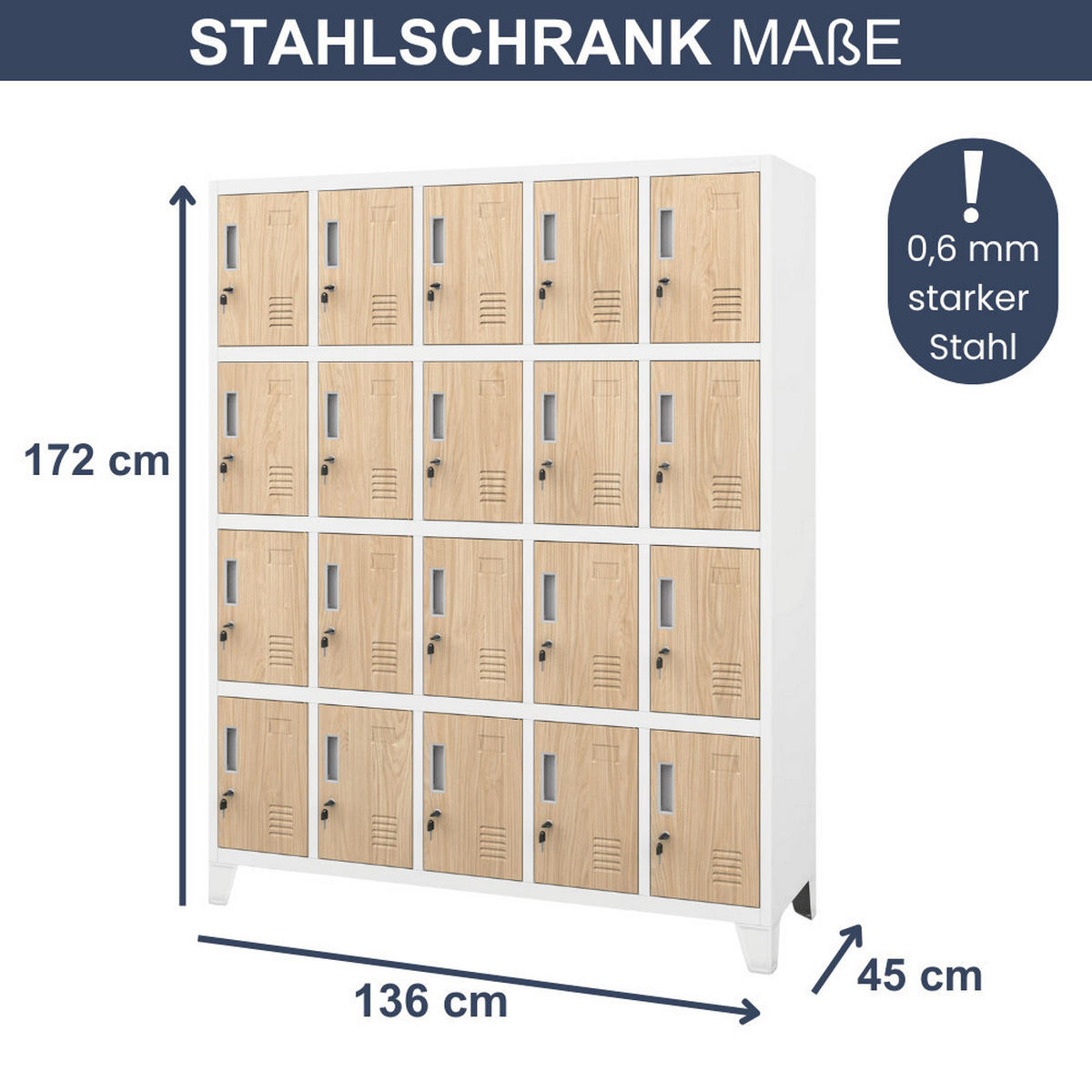 SCHLIESSFACHSCHRANK Spind TAMPA 20 Fächer172x136x45cm Weiß-Sonoma Eiche - Weiß, Metall (136/172/45cm) - DELUKE