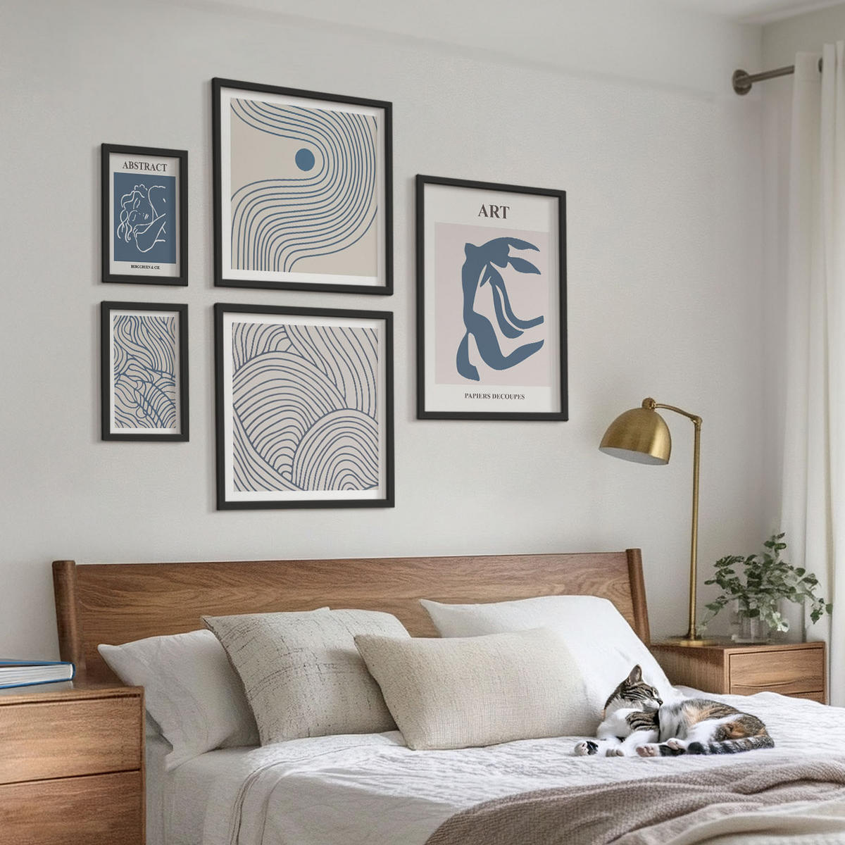 WANDBILDER 5er-Set - 50x50 cm & 20x30 cm & 40x60 cm Schwarzer Rahmen - Abstrakte blaue Linien - Schwarz, Kunststoff (40/60cm) - ArtPrintCave