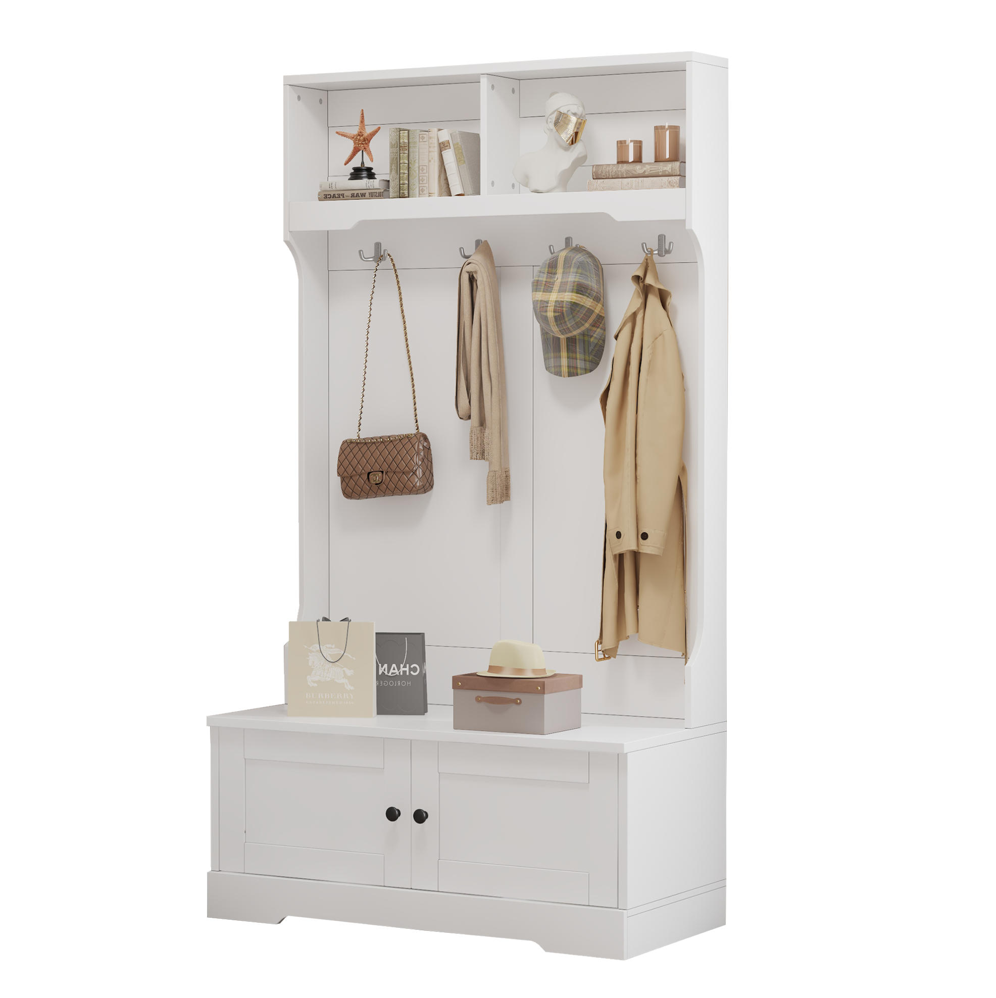 GARDEROBE 101,5/183 cm Weiß aus Spanplatte mit Sitzbank - Weiß, Holzwerkstoff (101/183/47cm) - OKMYHOME