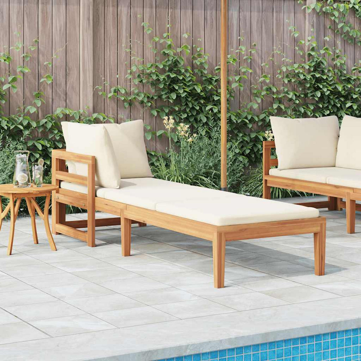 SONNENLIEGE mit Cremeweiß Ksisen und Armlehne, 202/66/60 cm, aus massivem Akazienholz - Weiß, Holz (66/60/202cm) - vidaXL