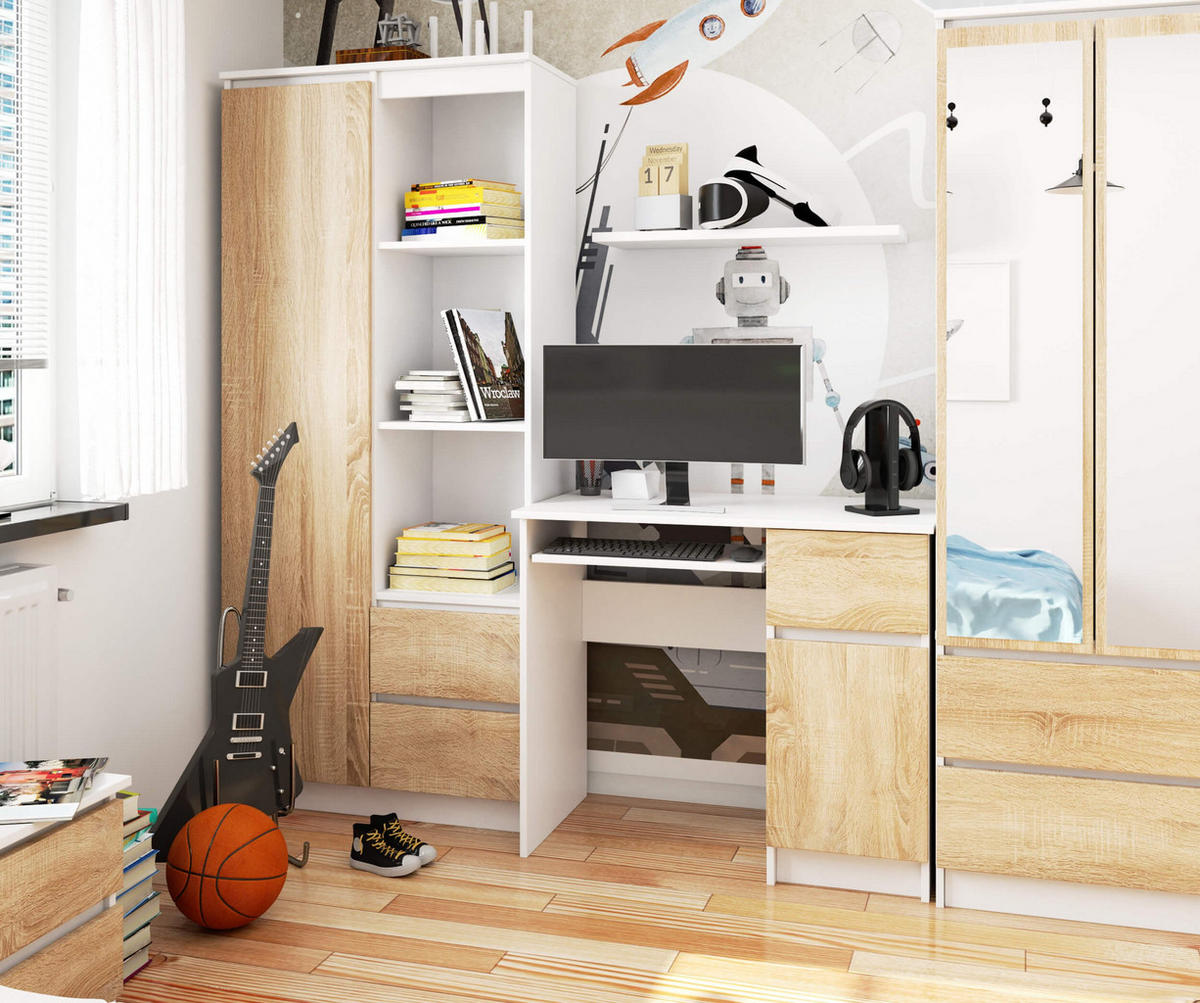 SCHREIBTISCH Weiß, Eiche Sonoma 77/90/50 - Weiß/Sonoma Eiche, Holzwerkstoff (50/90/77cm) - RAUMHIRSCH FURNITURE