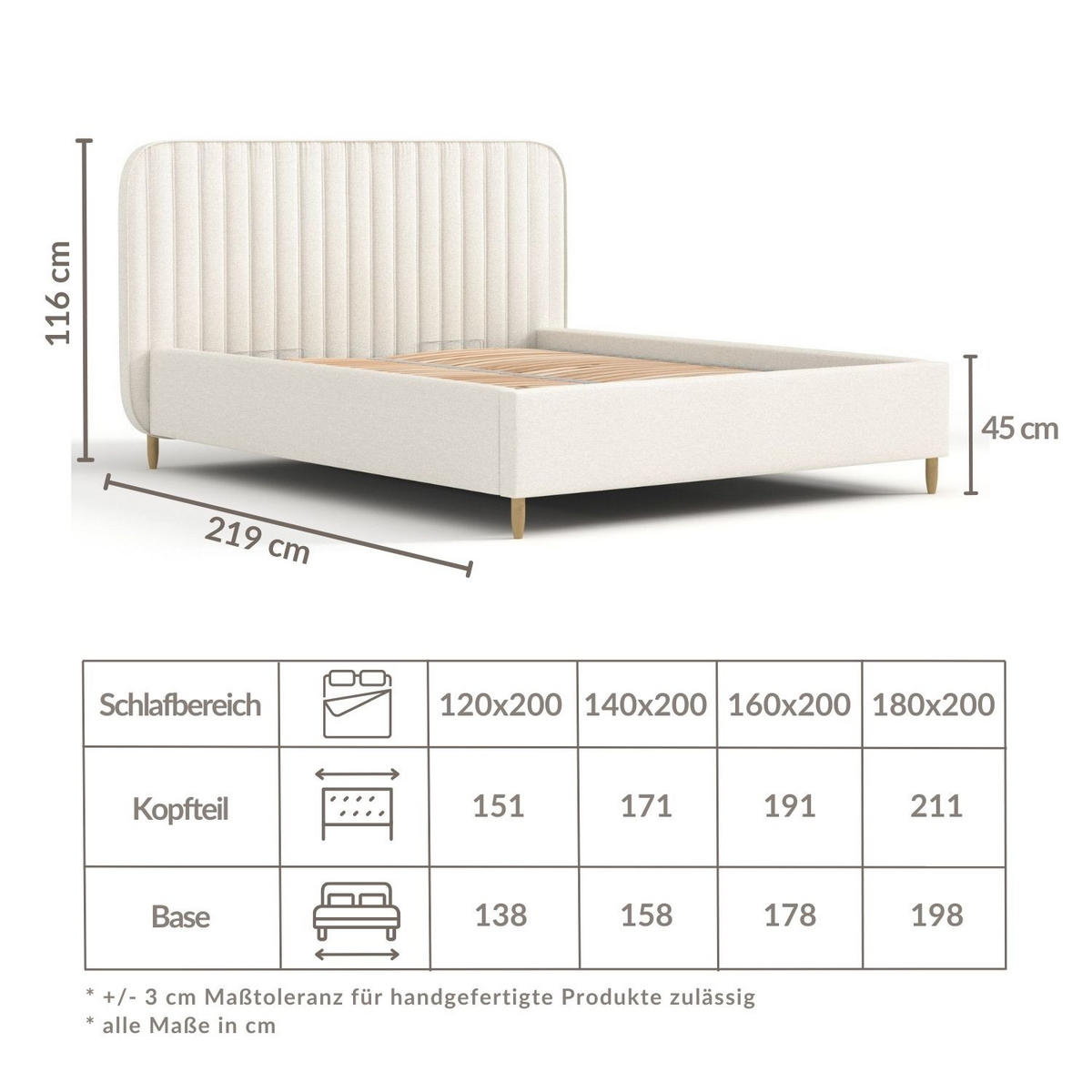 POLSTERBETT Noto Beige 120/200 cm im Webstoff - Beige/Naturfarben, Holz/Holzwerkstoff (120/200cm) - Maison de Reve