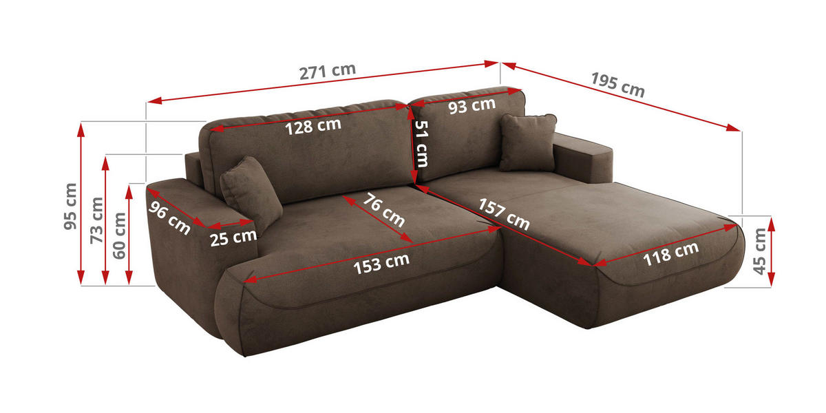 ECKSOFA OVO L Braun Velvet - Rechts Seite - Schwarz/Braun, Kunststoff/Textil (195/271cm) - MKS