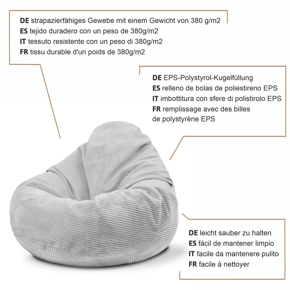 SITZSACK PARADISE MIT FUßSTÜTZE Kordsamt 2-tlg Cool Gray S - Hellgrau/Grau, Textil (70/70/70cm) - Dreamroots