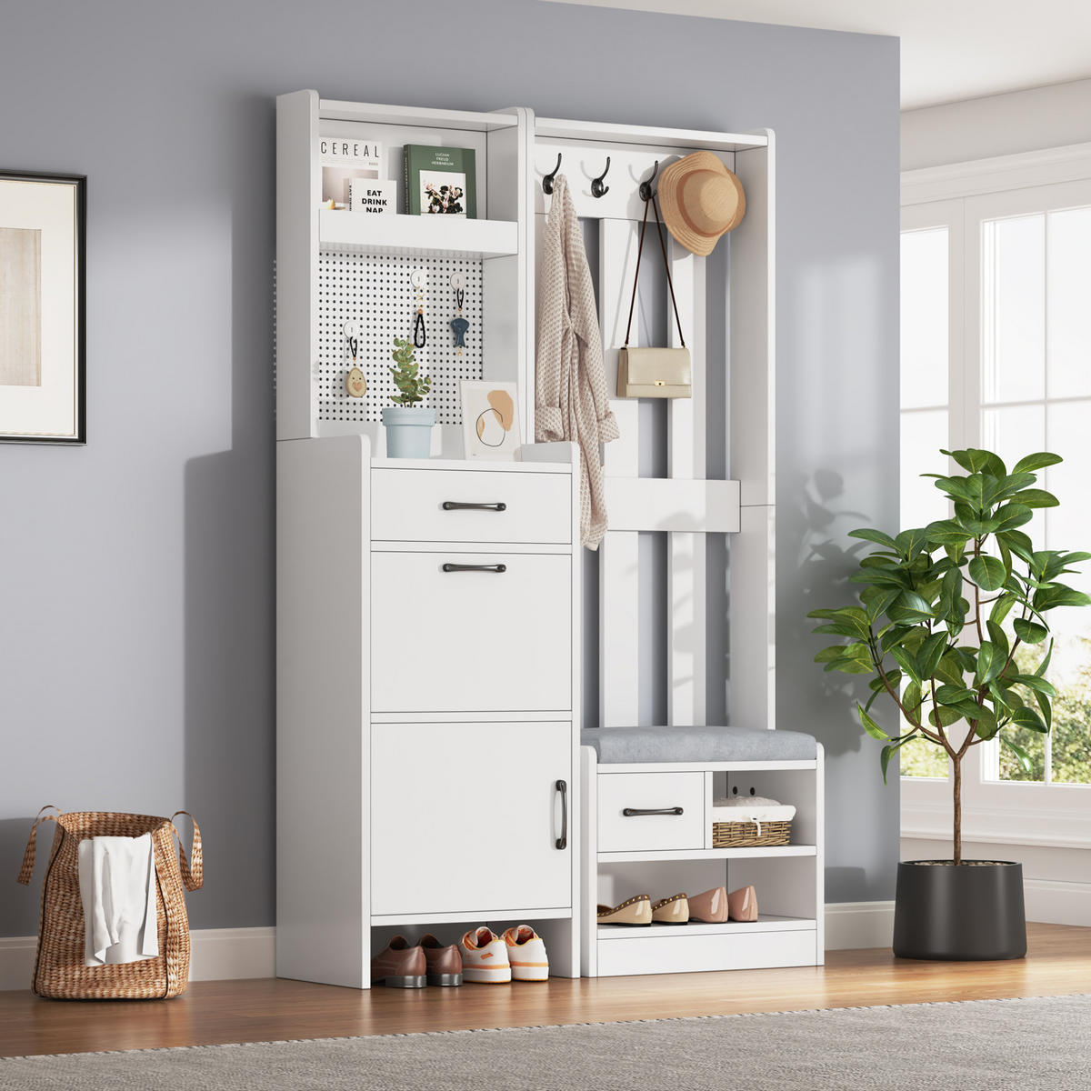 GARDEROBE 7-in-1 mit Schuhbank 110 x 35 x 175,5 cm Spanplatte White - Weiß, Holzwerkstoff (35/175.5/110cm) - Beauniv
