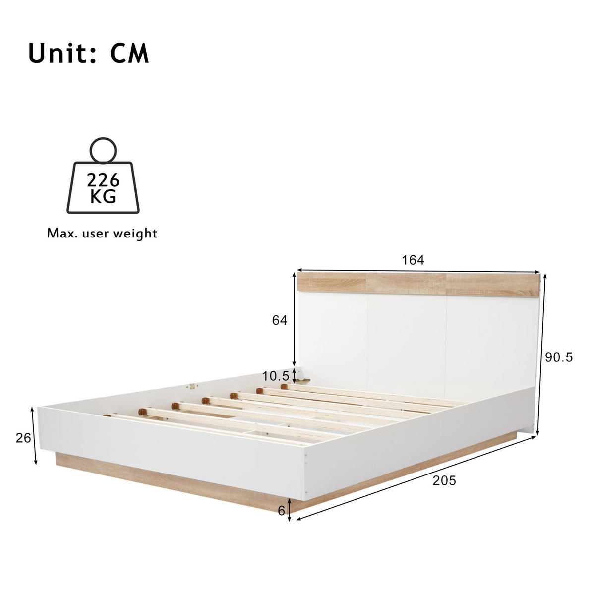 DOPPELBETT 160/200 cm Schwebebett Eiche Sonoma/Weiß mit Lattenrost - Weiß, Holzwerkstoff (160/200cm) - OKWISH