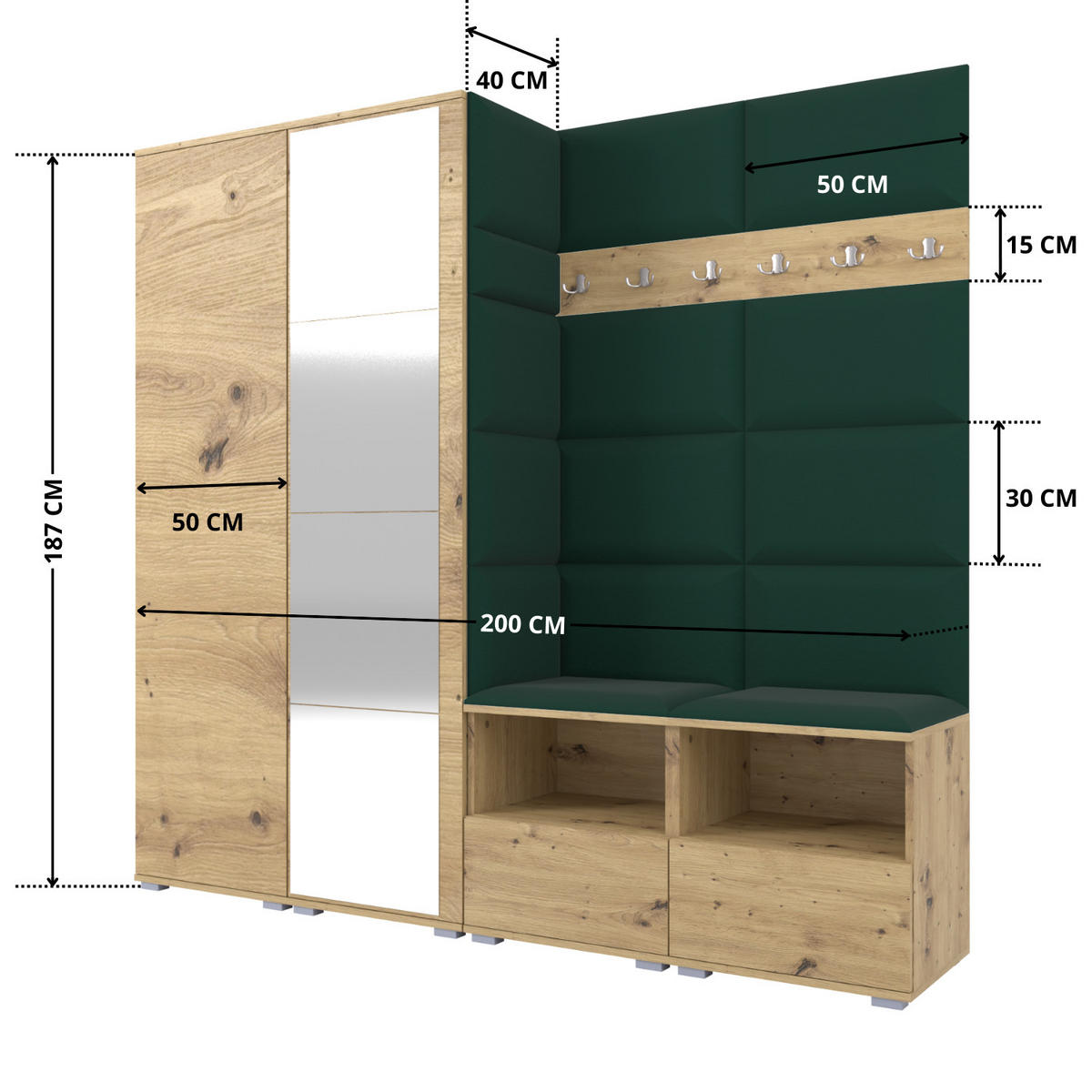 GARDEROBE NELA VI 200 cm (Modulare Flurmöbel Artisan Eiche mit Spiegel & Sitzpolster Flaschengrün 28 Universell) - Dunkelgrün/Silberfarben, Holz/Holzwerkstoff (200/187/40cm) - Ravio
