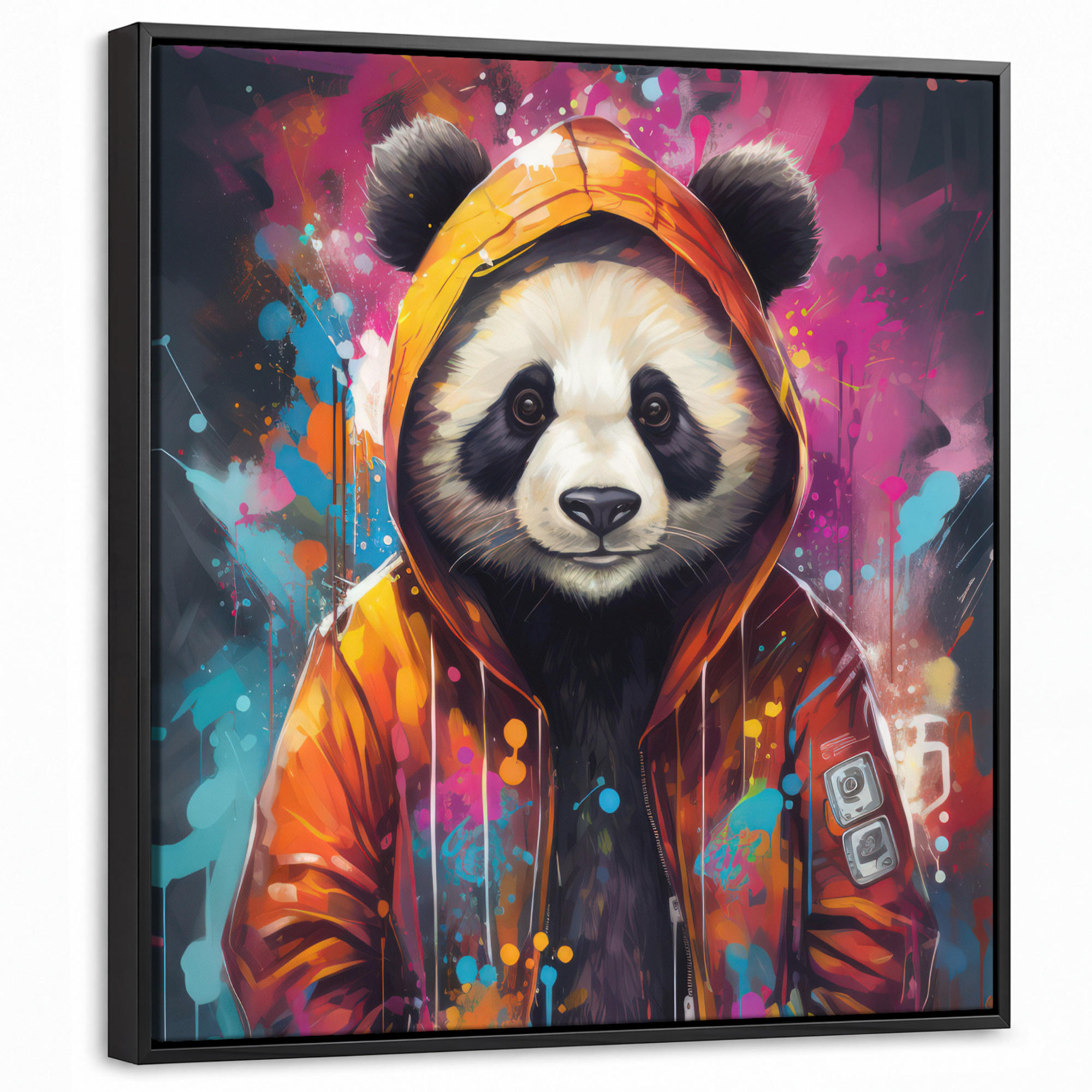 LEINWAND Bilder mit Rahmen - Panda - Jacke - Graffiti - Orange - 50x50 - Orange, Textil (50/50cm) - MuchoWow