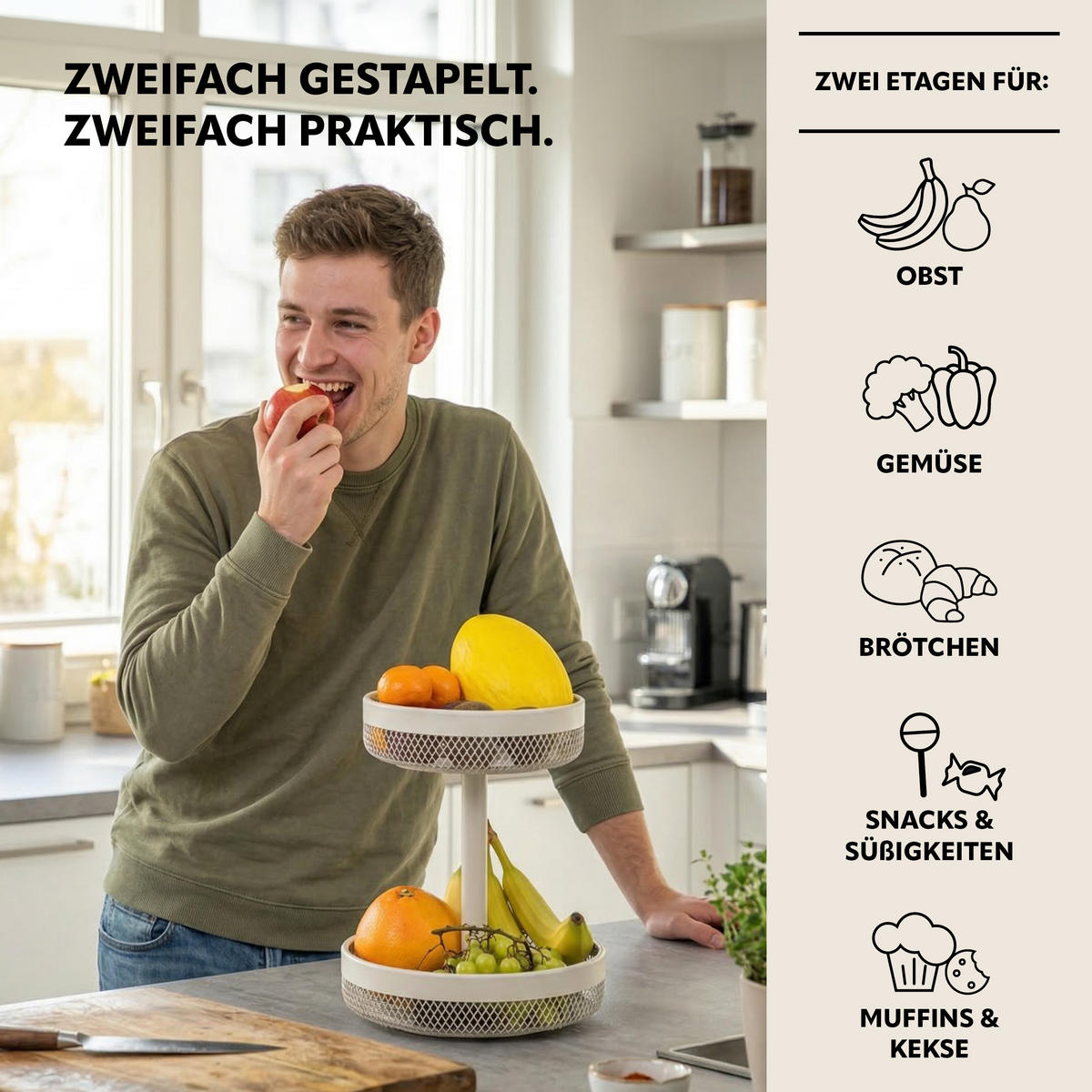 OBSTETAGERE, rund, 2-stöckig, Ø 20 cm und 25 cm, beige, Metall - Beige, Metall (25/31cm) - eluno