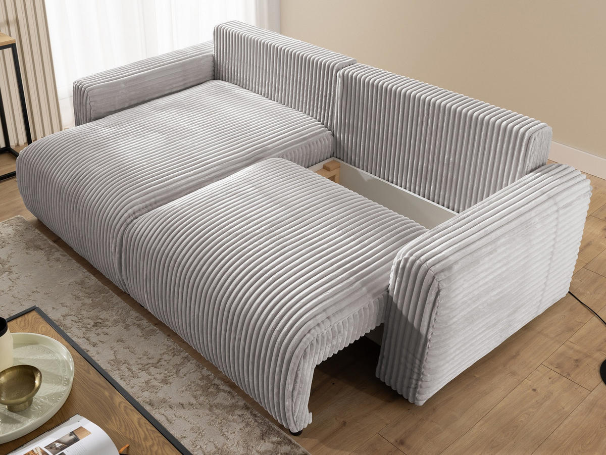 ECKSOFA Calma mit Schlaffunktion und Bettkasten im Bumpy-Design aus weichem Hellgrau Plüschcord - Ottomane links - Hellgrau/Schwarz, Holz/Kunststoff (239/140cm) - S-Style
