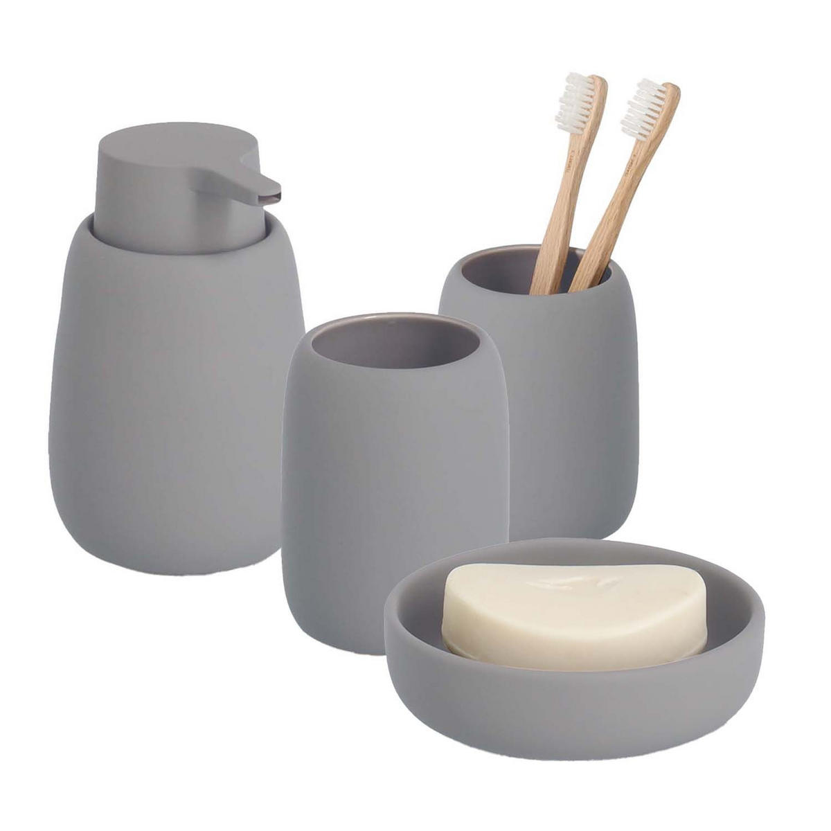 BADACCESSOIRES - Keramik, Grau, 4-teiliges Set - Grau, Keramik (8.8/13.7/8.8cm) - Zeller Present