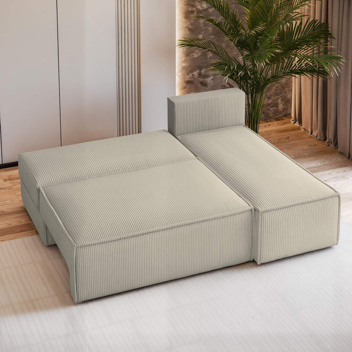 ECKSOFA BRISO P Creme Kordstoff mit Schlaffunktion - Creme, Holz (200/140cm) - MASSENO