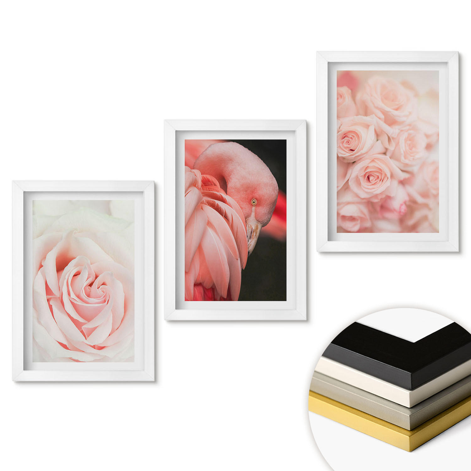 WANDBILDER 3er-Set - 20x30 cm Weißer Rahmen - Zartrosa Flamingos - Weiß, Kunststoff (20/30cm) - ArtPrintCave