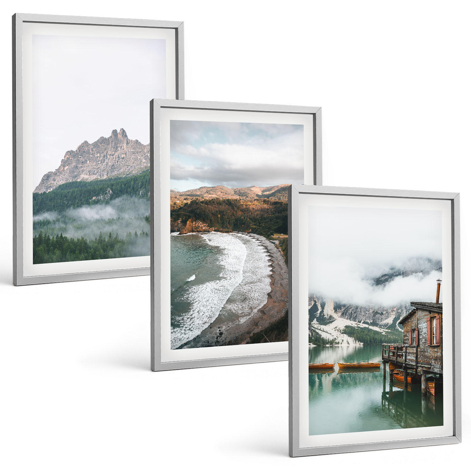 BILDER SET 3er Set - 40x60 cm Silberner Rahmen - Holzhaus an Bergstränden - Silberfarben, Kunststoff (40/60cm) - TULUP