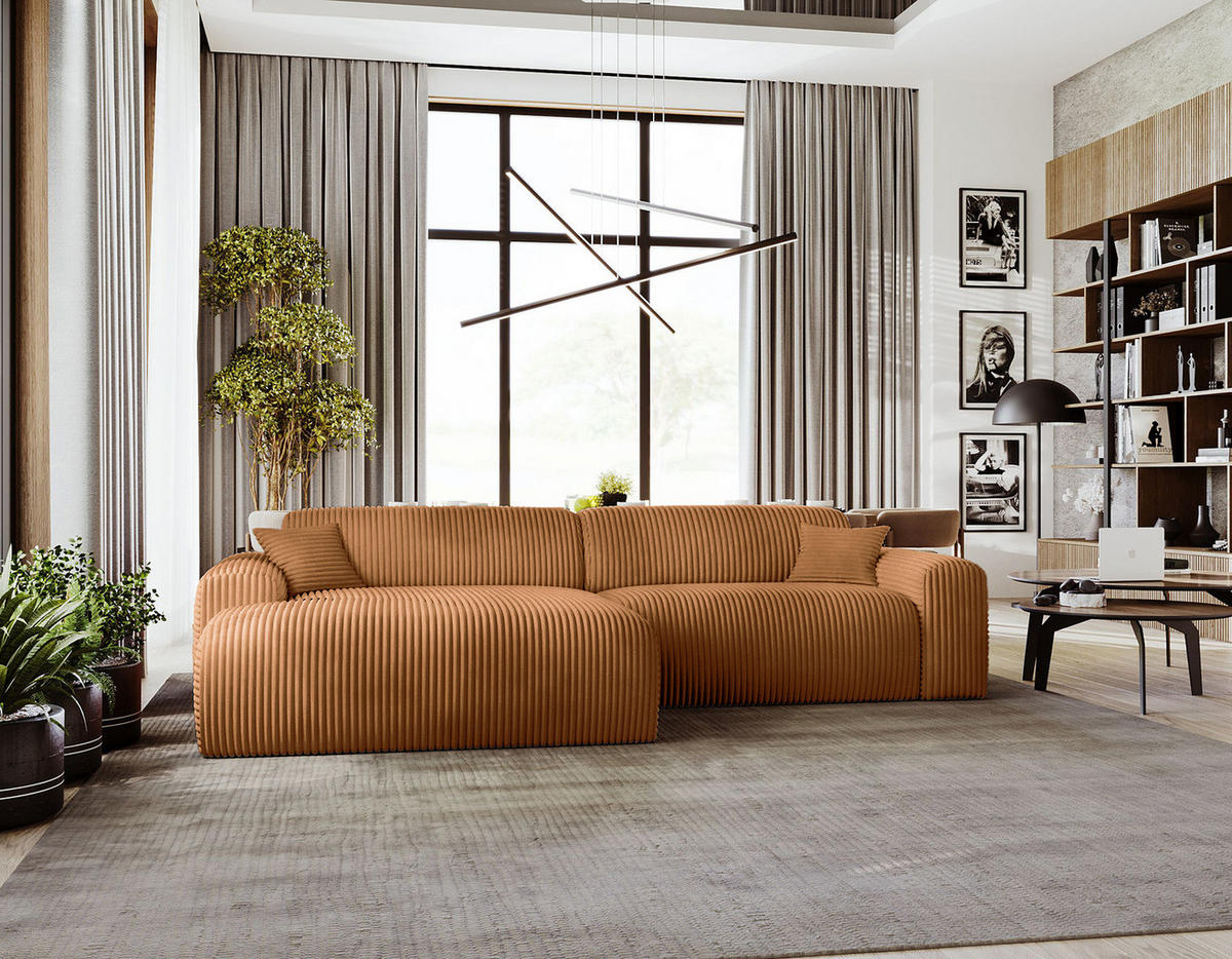 ECKSOFA mit Longchair - Cord - Schwarz/Braun, Kunststoff/Textil (284/178cm) - home24