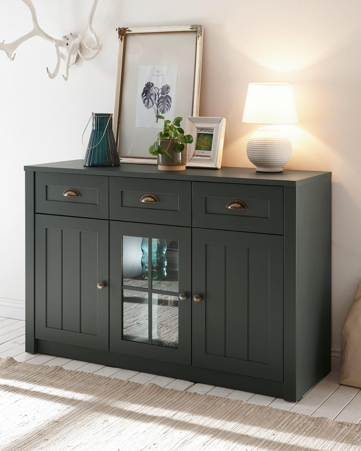 SIDEBOARD grün Landhaus 130 x 86 cm, Kommode mit viel Stauaum - Chromfarben/Schwarz, Glas/Holzwerkstoff (130/86/43cm) - Furn.Design