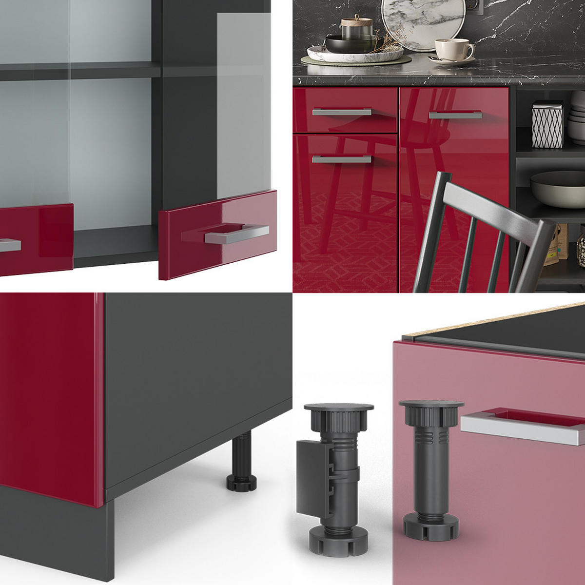 KÜCHENZEILE R-Line Bordeaux Hochglanz/Anthrazit 240 cm, AP Eiche - Bordeaux/Anthrazit, Holzwerkstoff (240/81.6/60cm) - Vicco