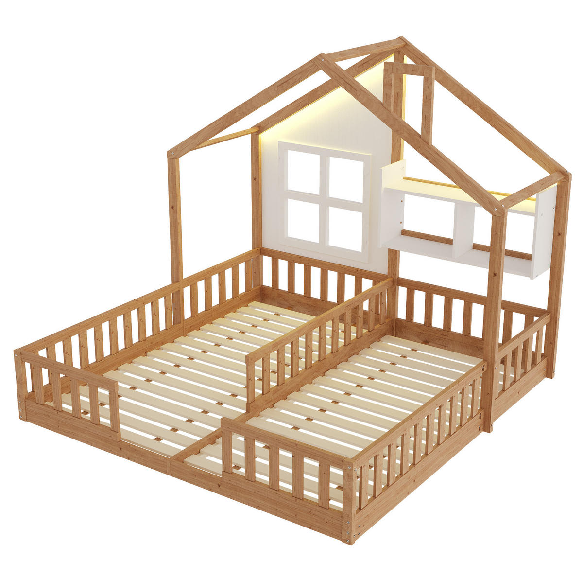 HAUSBETT 90/200 cm natur aus Massivholz und MDF mit LED und Sicherheitsgitter - Naturfarben, Holz (90/200cm) - OKWISH
