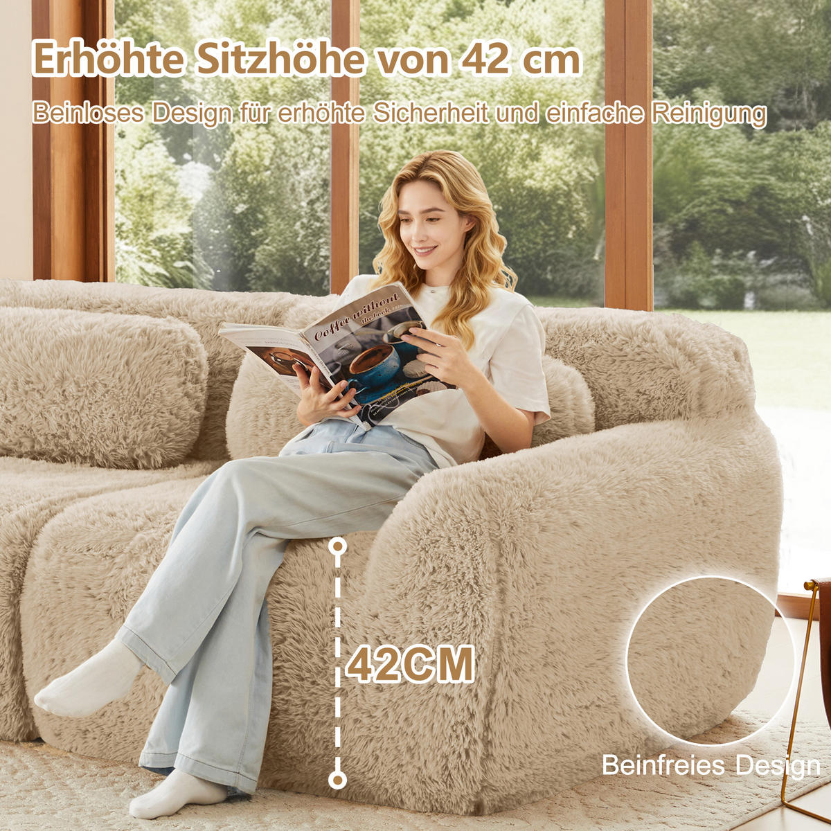 3-SITZER SOFA plüschstoff in hellkhaki, rahmenlos & montagefrei - Hellgelb, Textil (291/73/104cm) - Urban Meuble